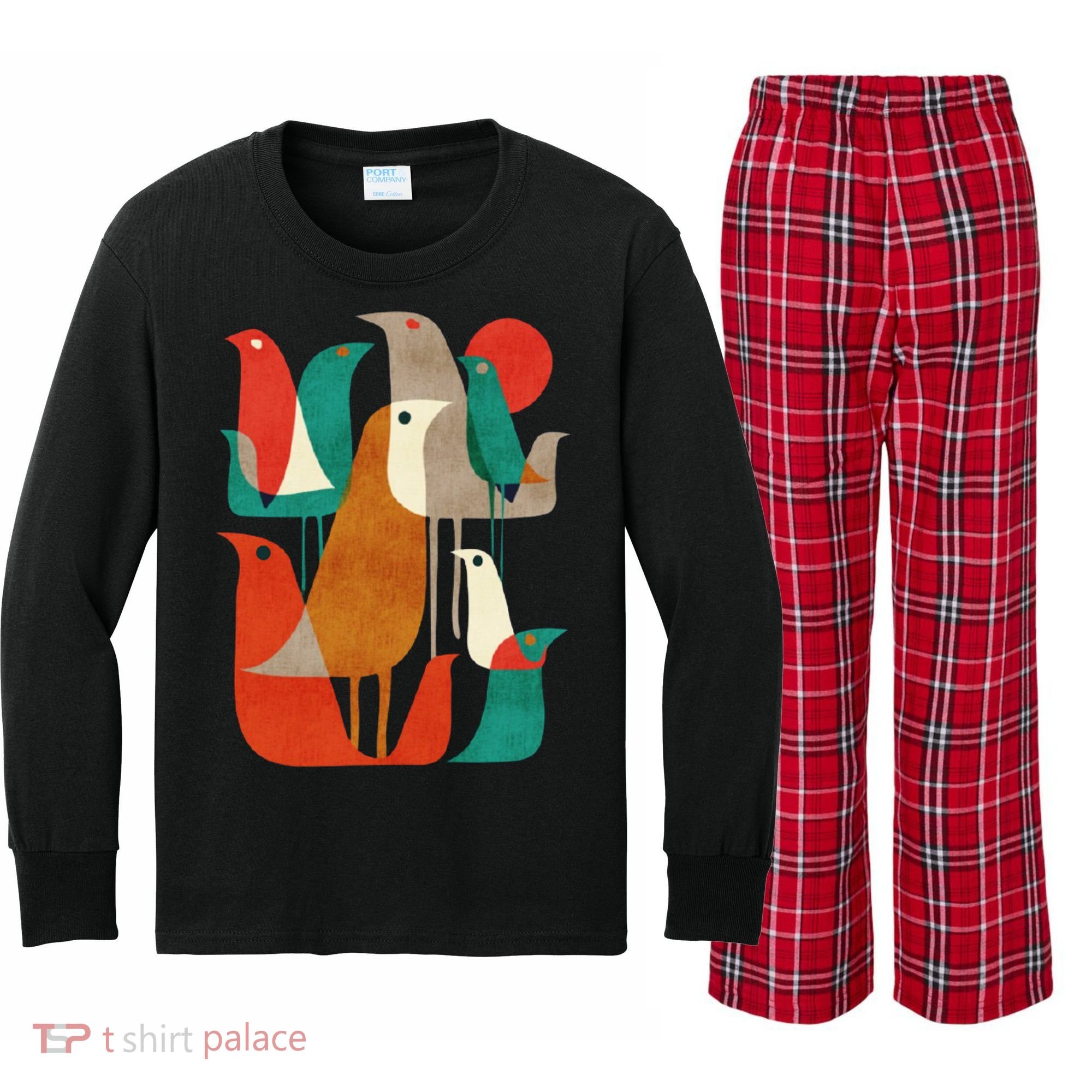 Flock Bird Illustration Kids Long Sleeve Plaid Pajama Set