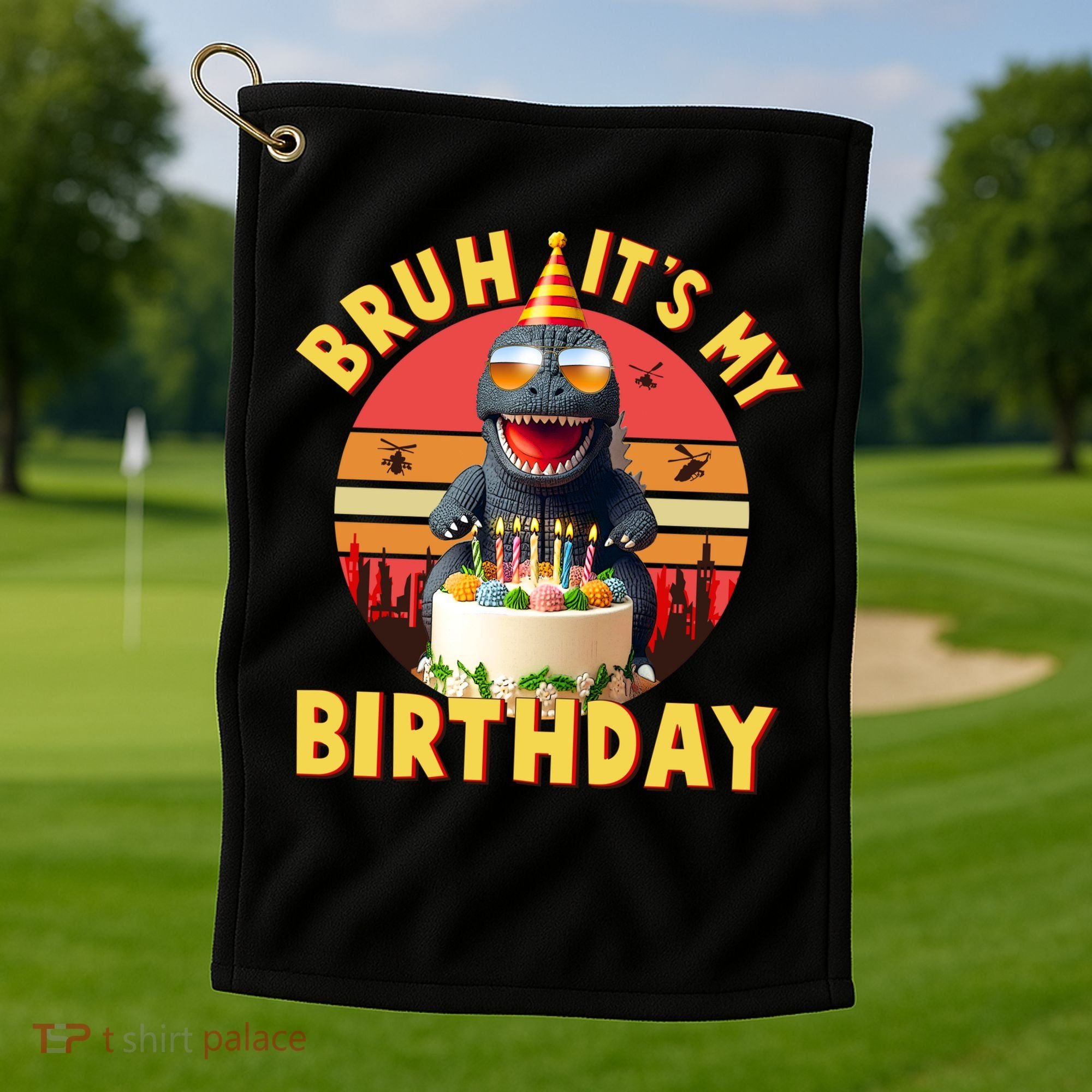 Funny Bruh It's My Birthday Japanese Kaiju Monster Golf Towel