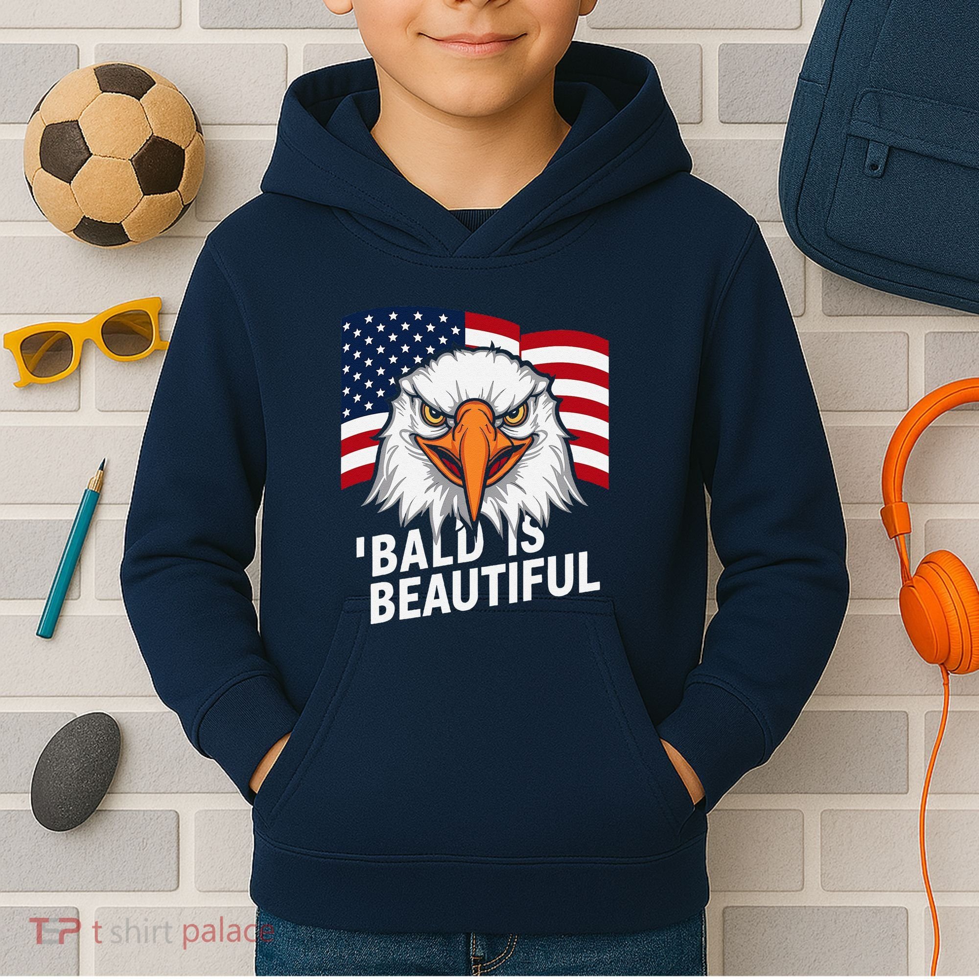 Funny Bald Is Beautiful Independence Day 4th July Eagle Gift Kids Hoodie