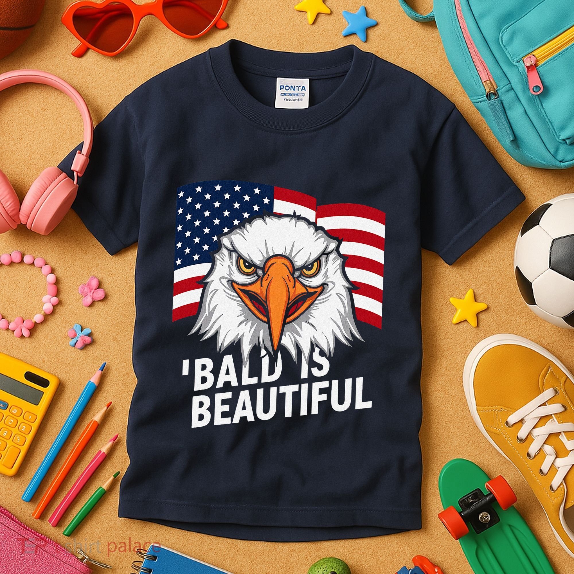 Funny Bald Is Beautiful Independence Day 4th July Eagle Gift Kids T-Shirt