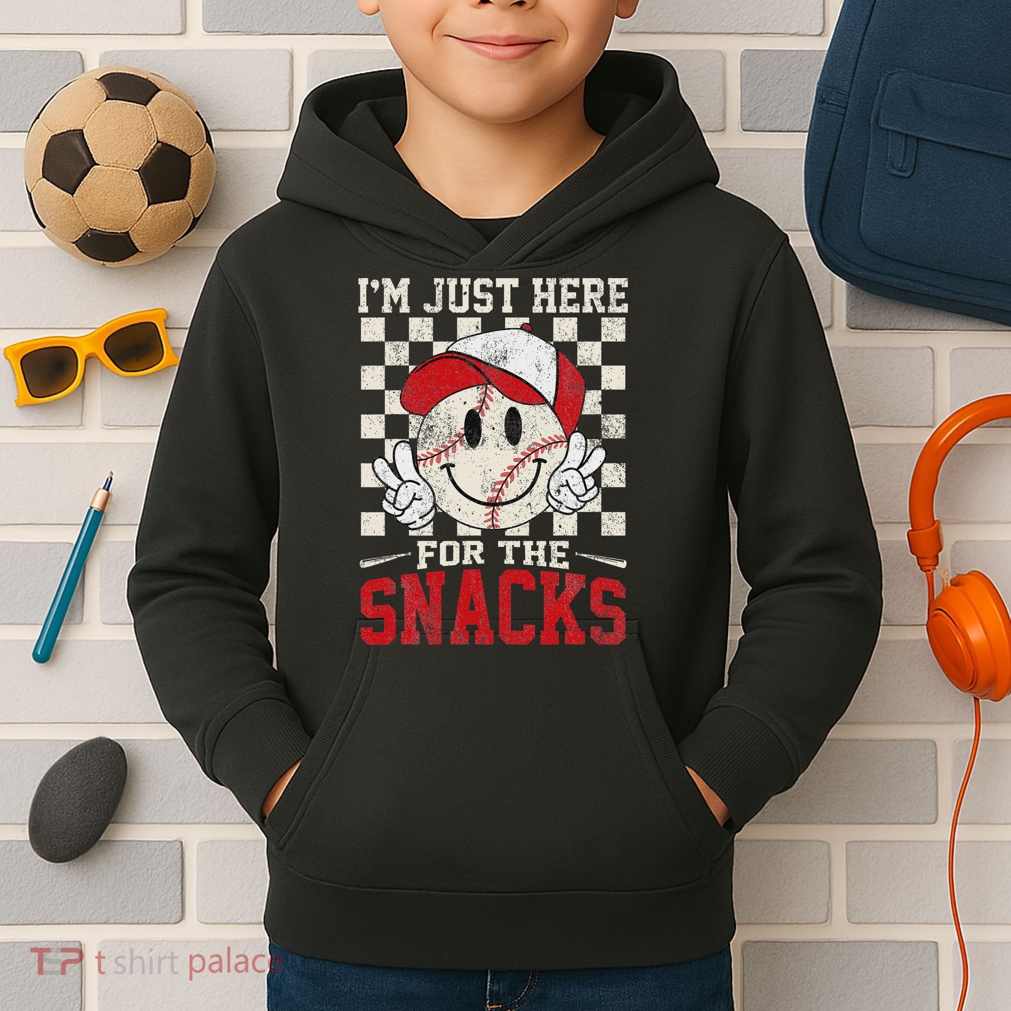 Funny Baseball Lover I'm Just Here For The Snacks Kids Hoodie