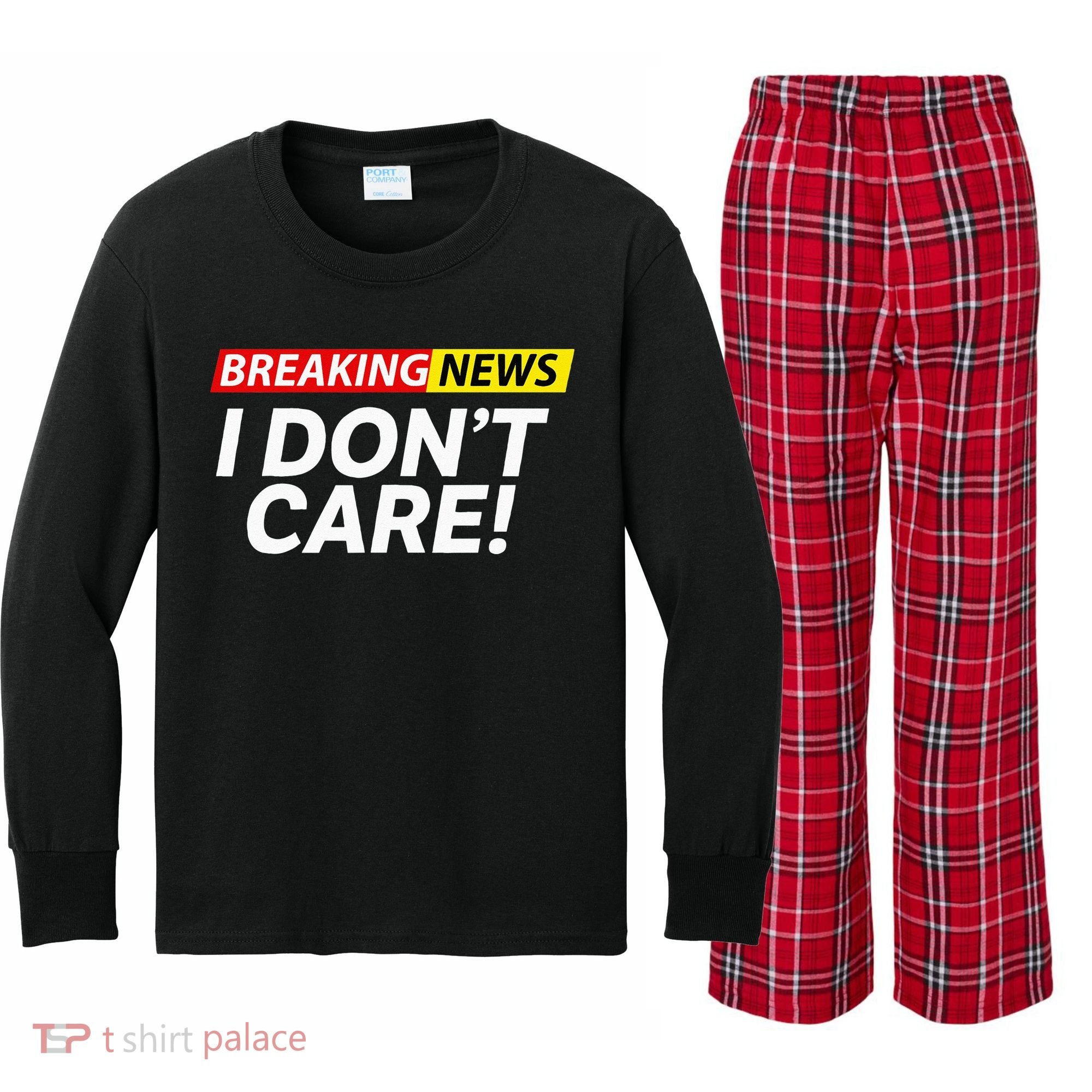 Funny Breaking News I Dont Care Sarcasm Humor Sarcastic Kids Long Sleeve Plaid Pajama Set