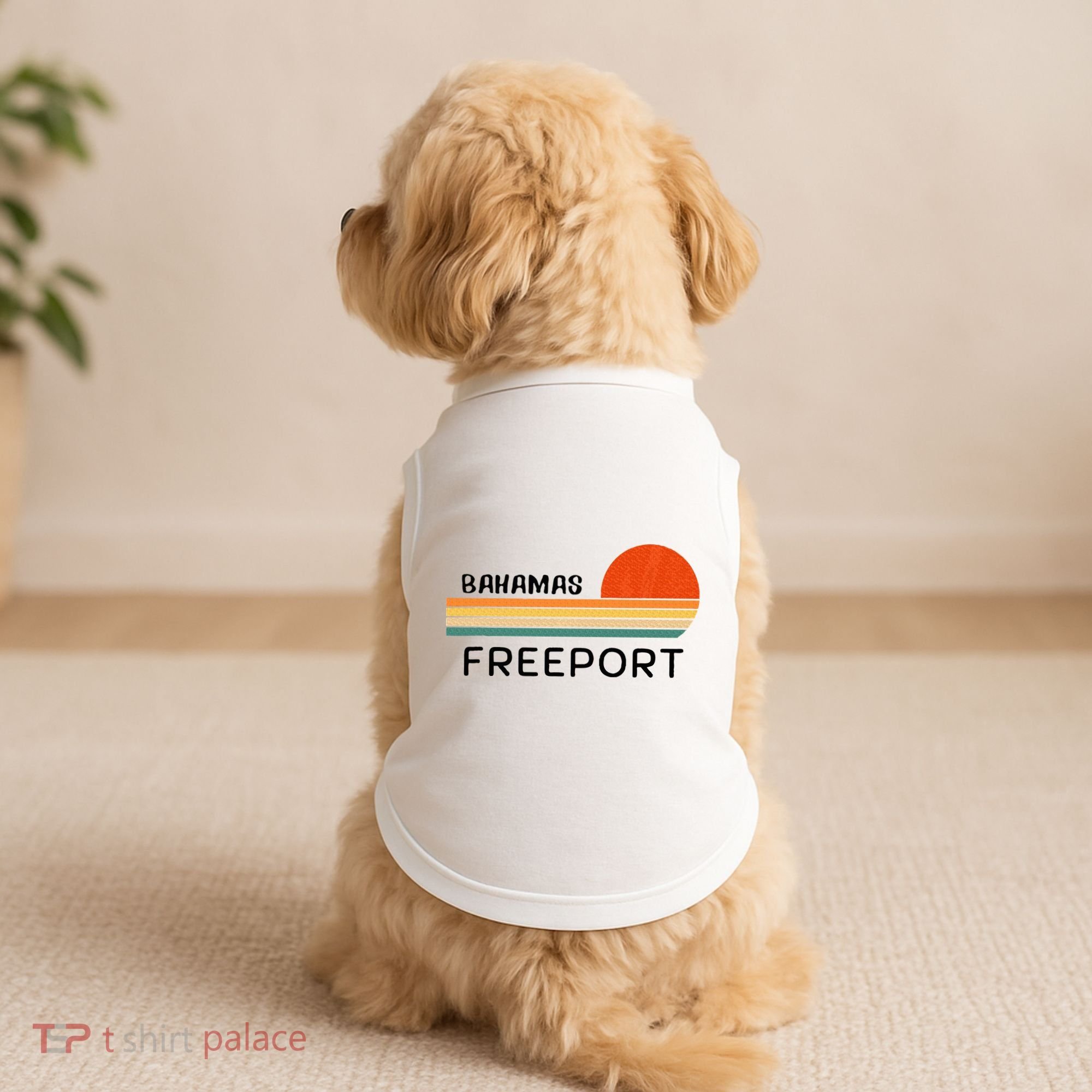 Freeport Bahamas Palm Tree Beach Retro Cool Sunset Novelty Doggie Tank