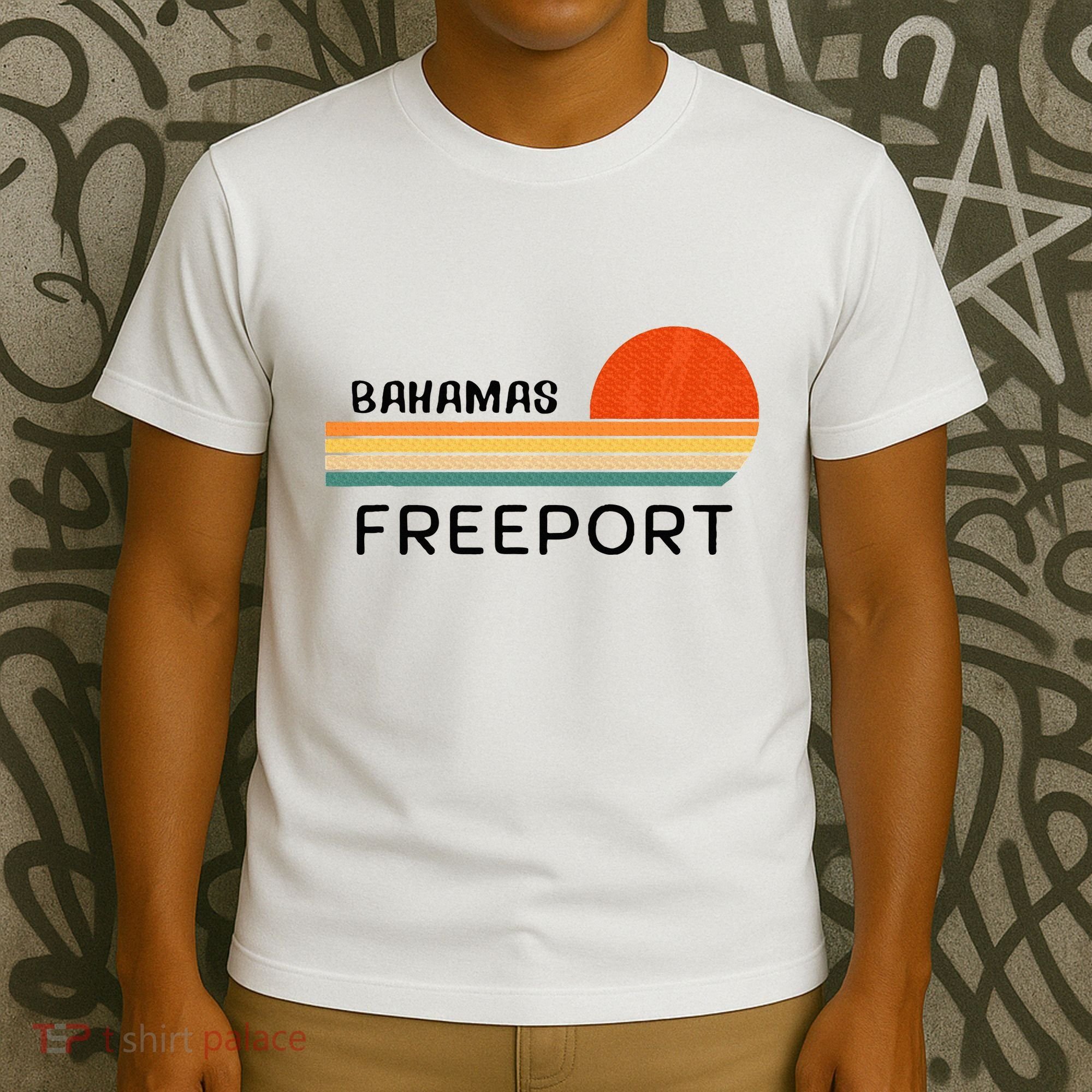 Freeport Bahamas Palm Tree Beach Retro Cool Sunset Novelty T-Shirt