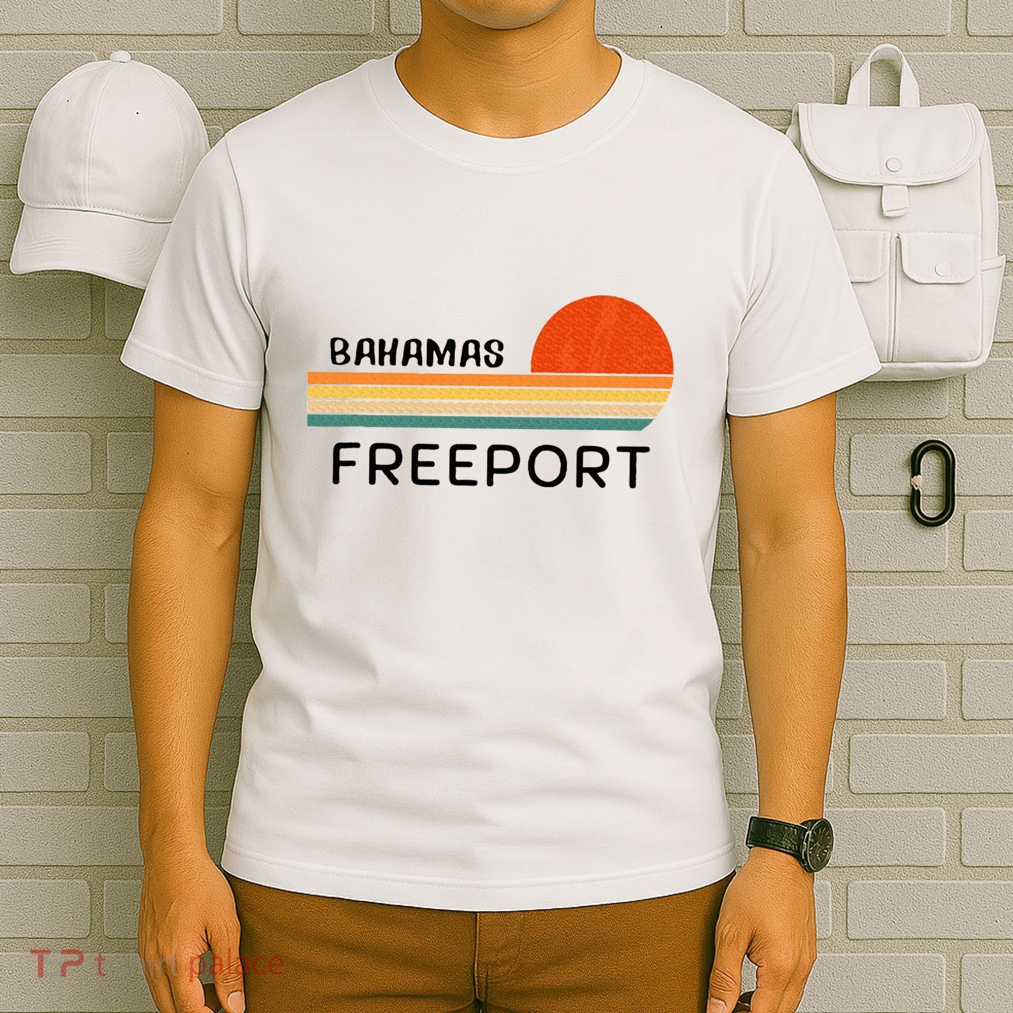 Freeport Bahamas Palm Tree Beach Retro Cool Sunset Novelty T-Shirt