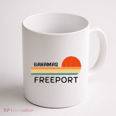 Freeport Bahamas Palm Tree Beach Retro Cool Sunset Novelty Coffee Mug back