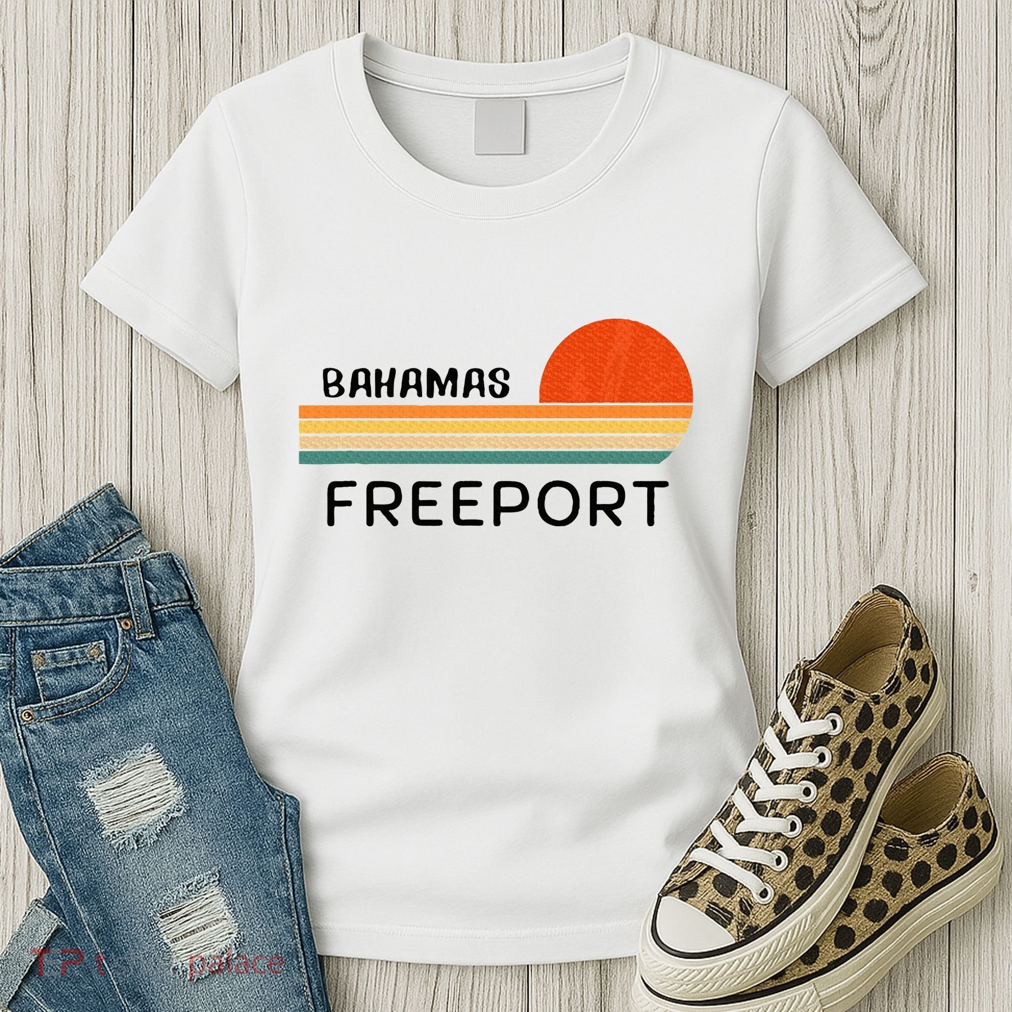 Freeport Bahamas Palm Tree Beach Retro Cool Sunset Novelty Women's T-Shirt