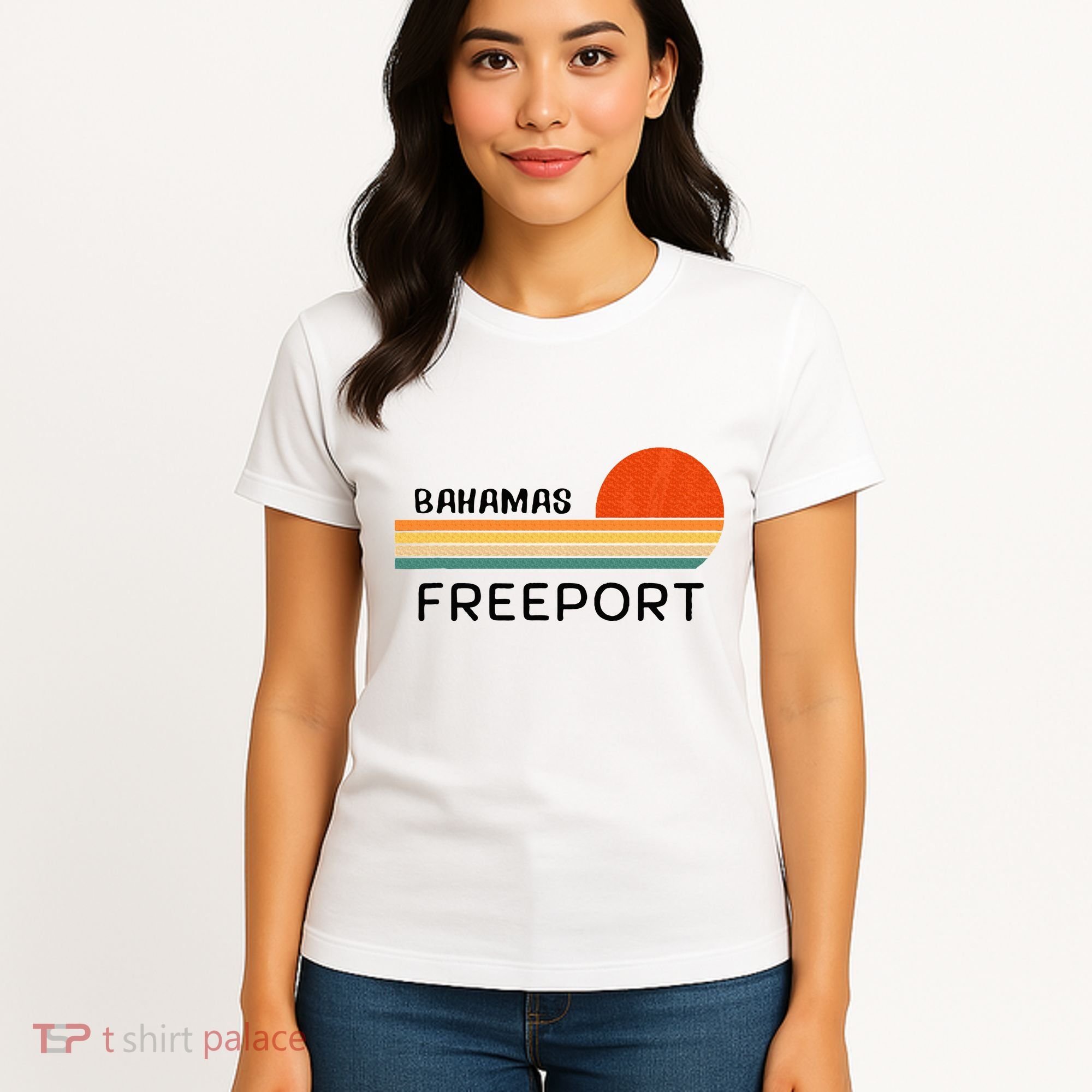 Freeport Bahamas Palm Tree Beach Retro Cool Sunset Novelty Women's T-Shirt