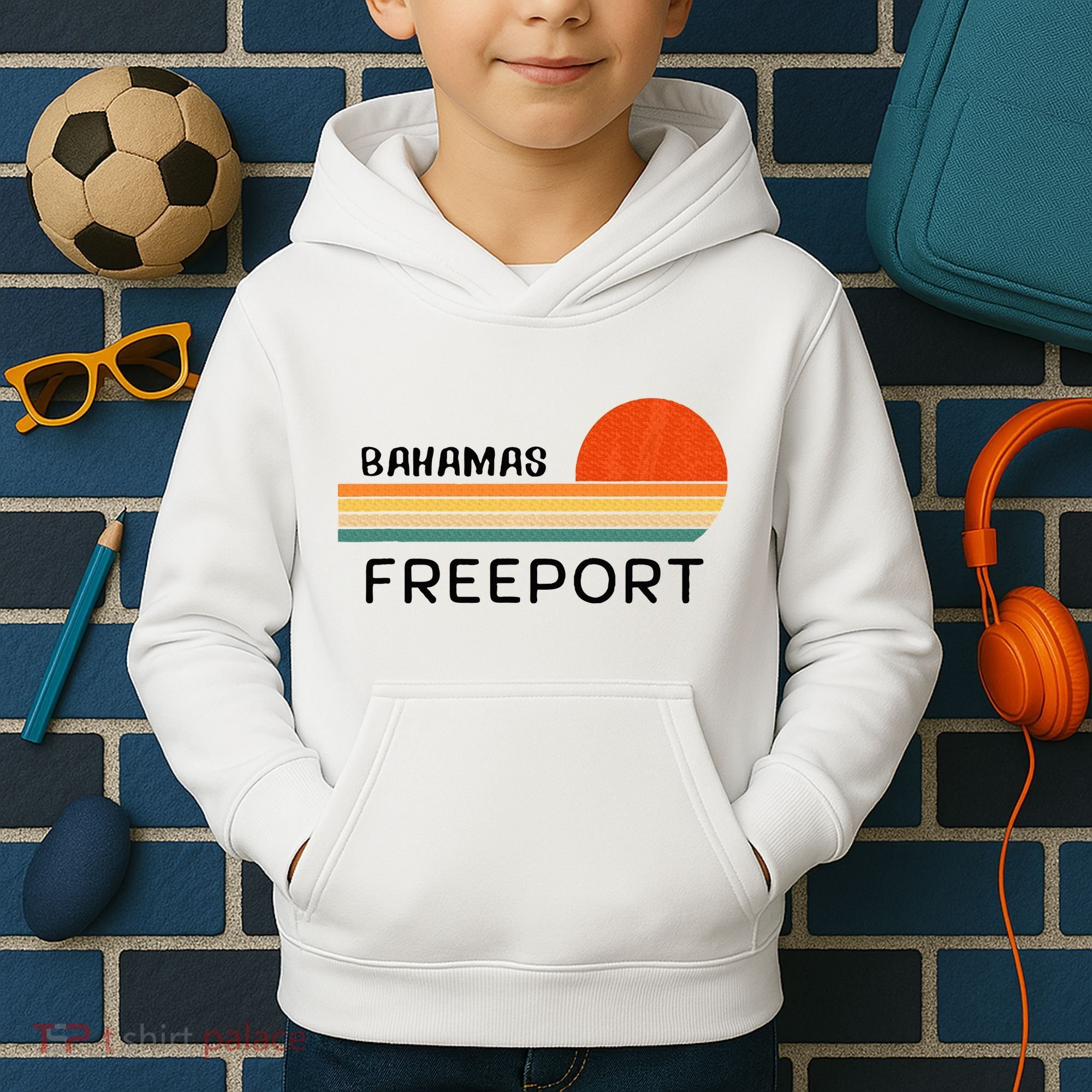 Freeport Bahamas Palm Tree Beach Retro Cool Sunset Novelty Kids Hoodie