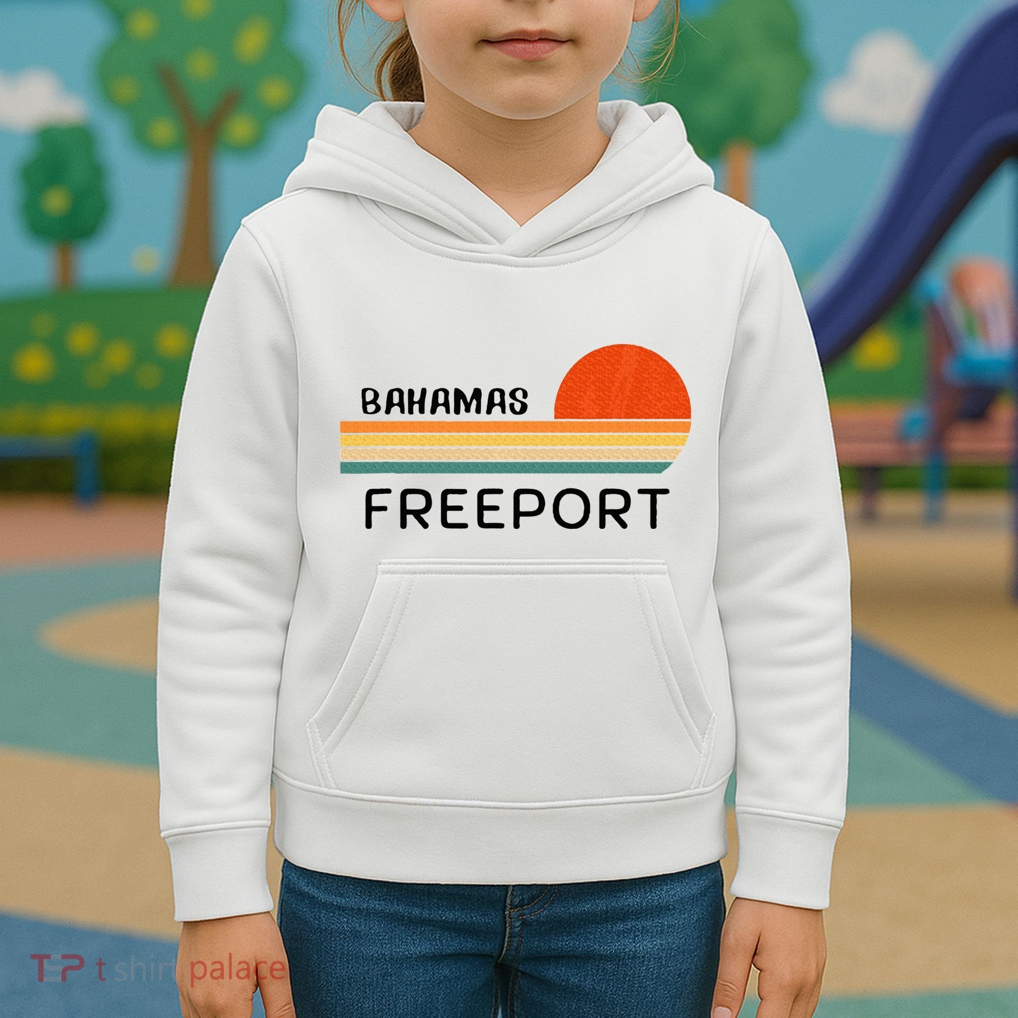 Freeport Bahamas Palm Tree Beach Retro Cool Sunset Novelty Kids Hoodie