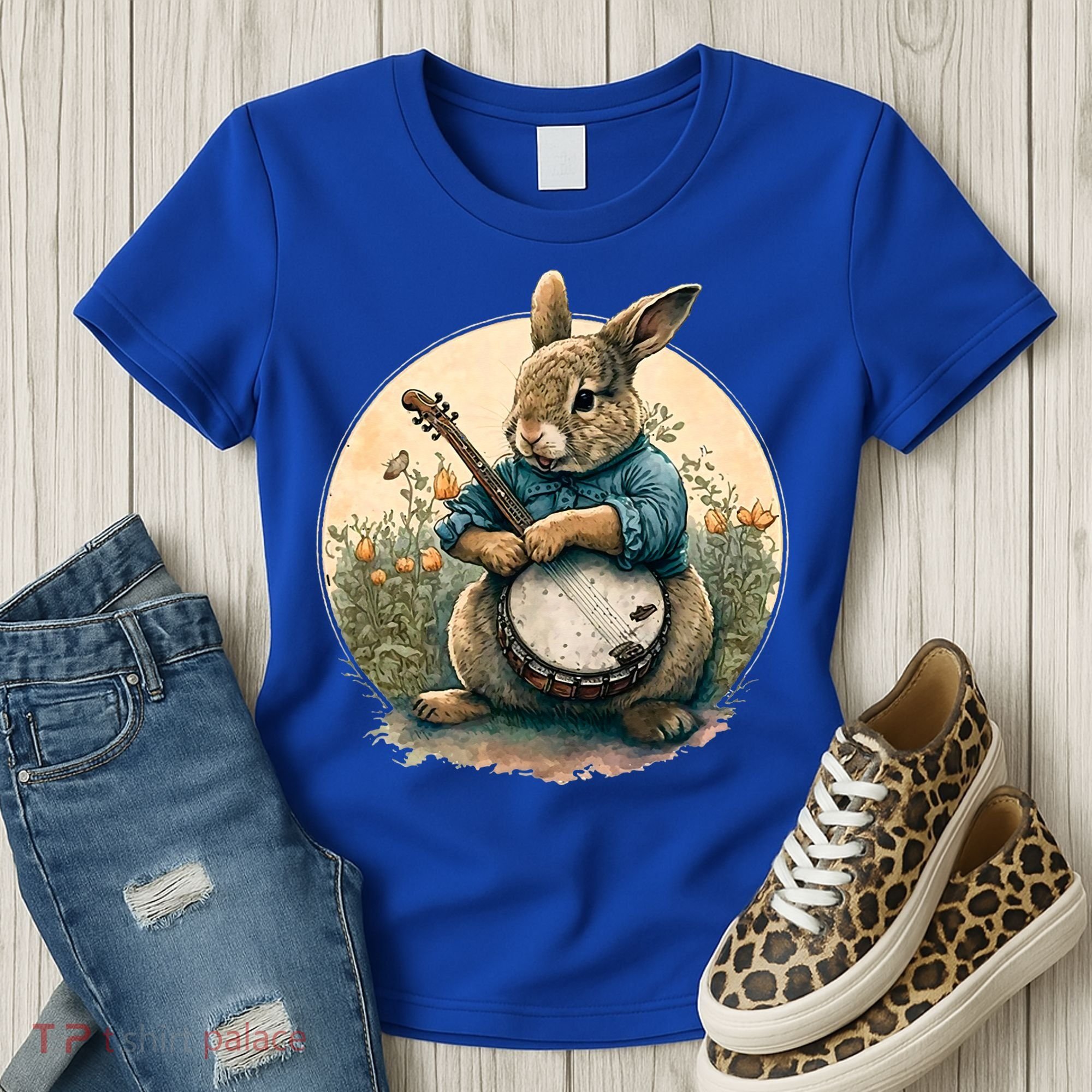 Funny Bunny Playing Banjo Guitar Music Rabbit Easter Women's T-Shirt
