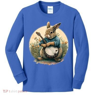 Funny Bunny Playing Banjo Guitar Music Rabbit Easter Kids Long Sleeve Shirt