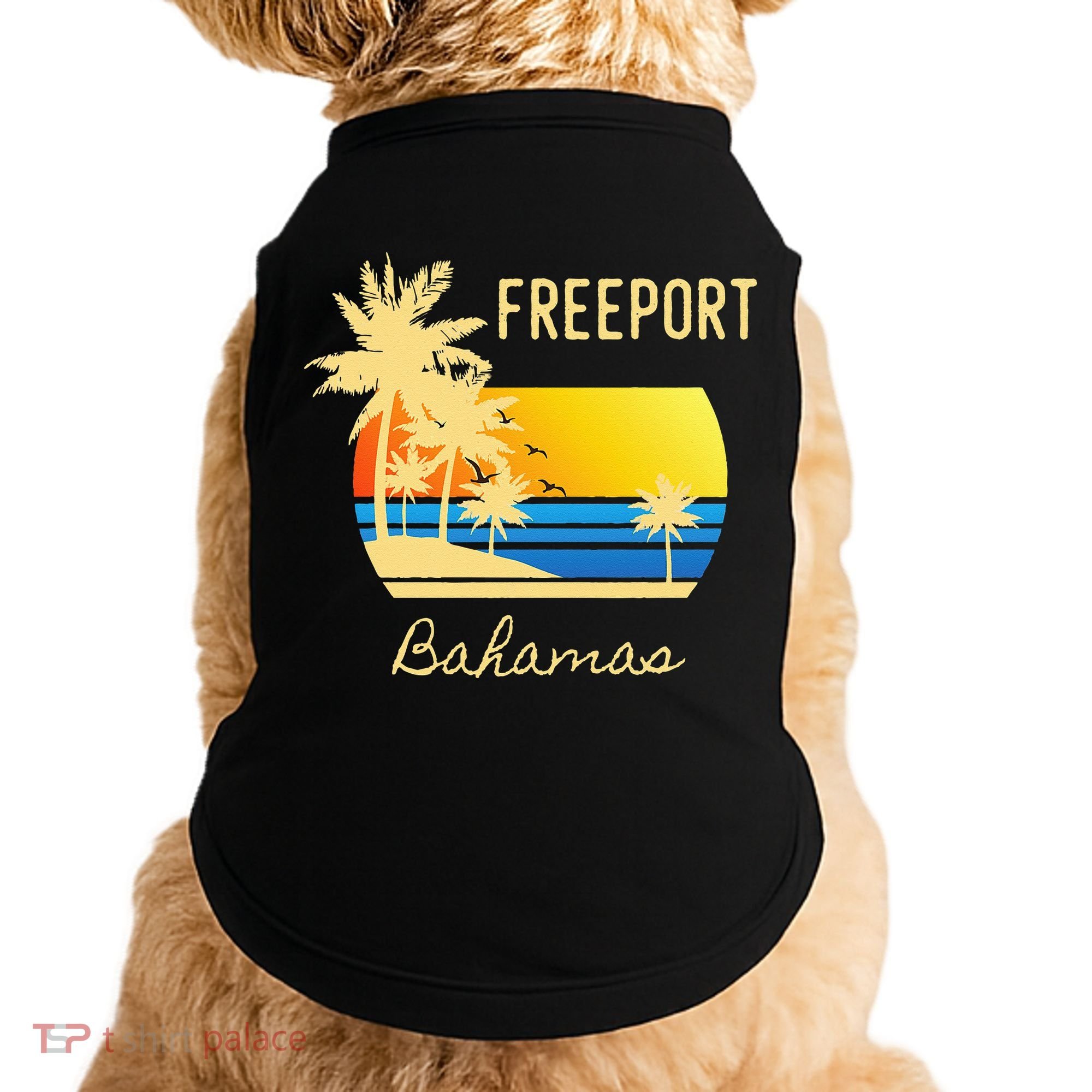 Freeport Bahamas Palm Tree Beach Retro Cool Sunset Surf Doggie Tank