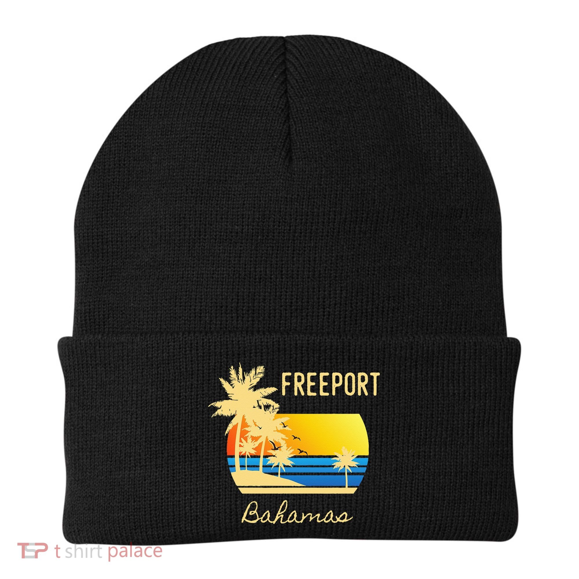 Freeport Bahamas Palm Tree Beach Retro Cool Sunset Surf Beanie
