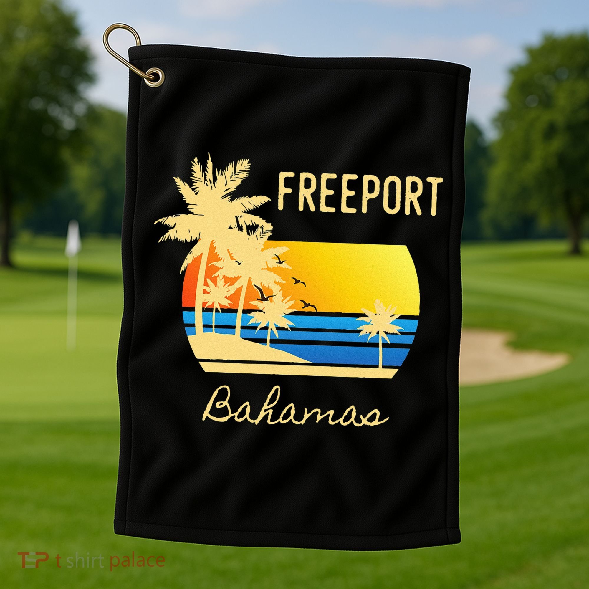Freeport Bahamas Palm Tree Beach Retro Cool Sunset Surf Golf Towel