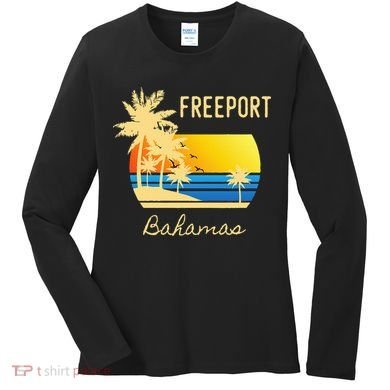 Freeport Bahamas Palm Tree Beach Retro Cool Sunset Surf Women's Long Sleeve Shirt