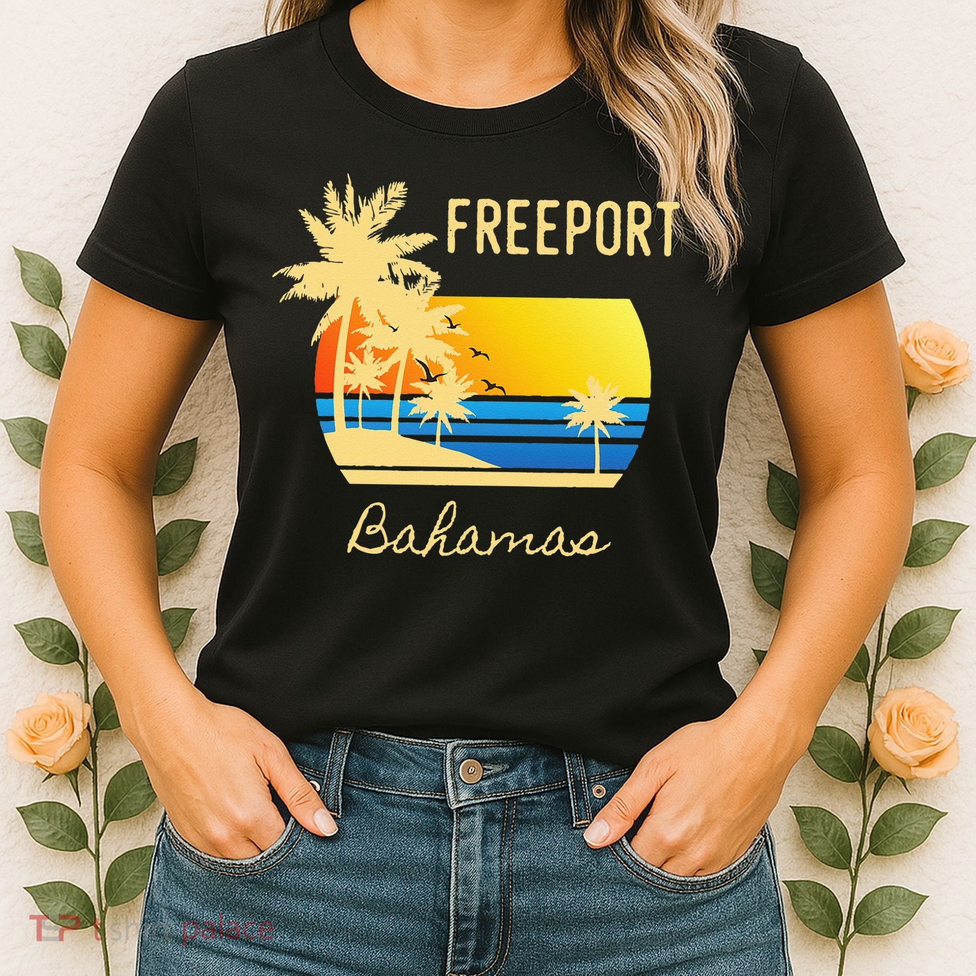 Freeport Bahamas Palm Tree Beach Retro Cool Sunset Surf Women's T-Shirt