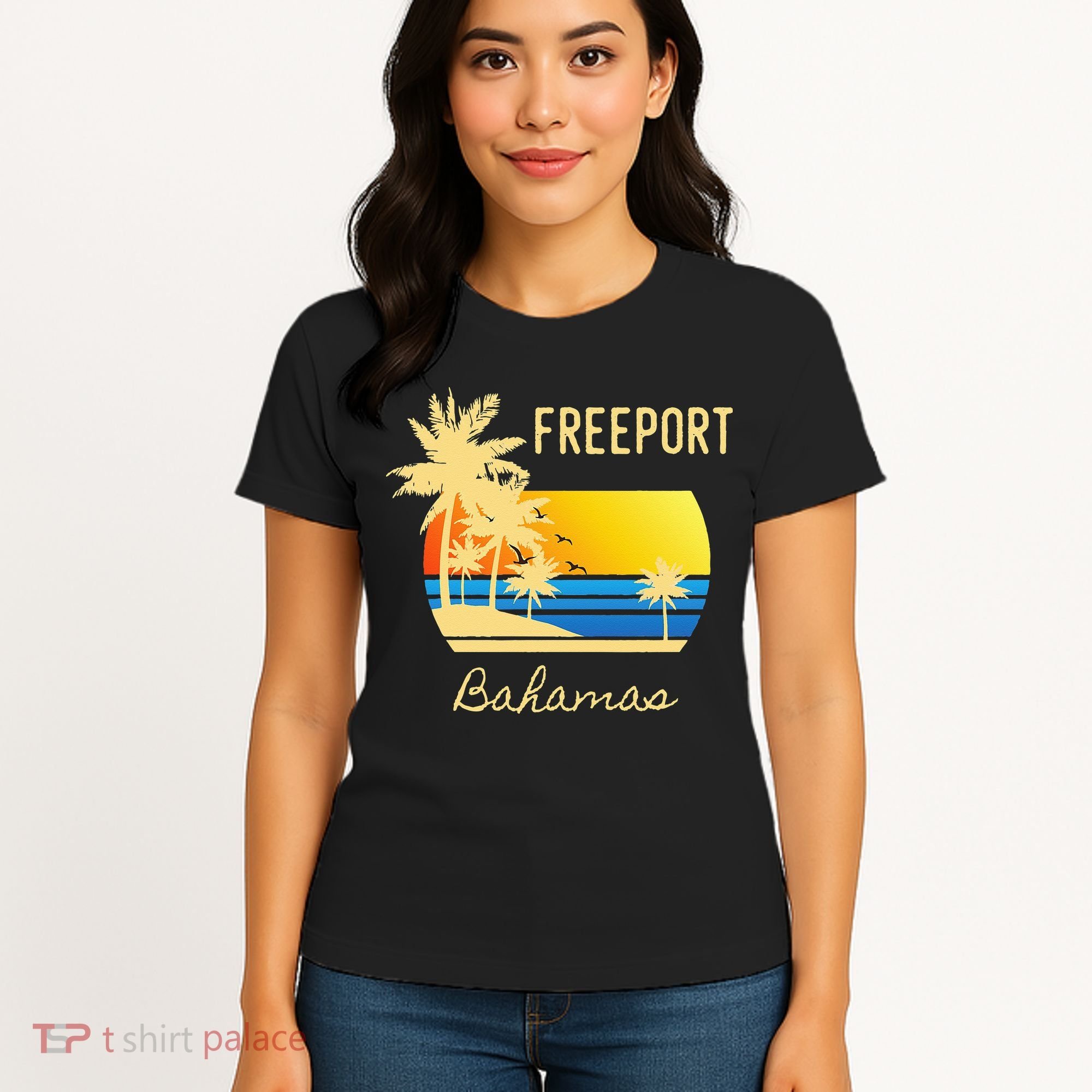 Freeport Bahamas Palm Tree Beach Retro Cool Sunset Surf Women's T-Shirt
