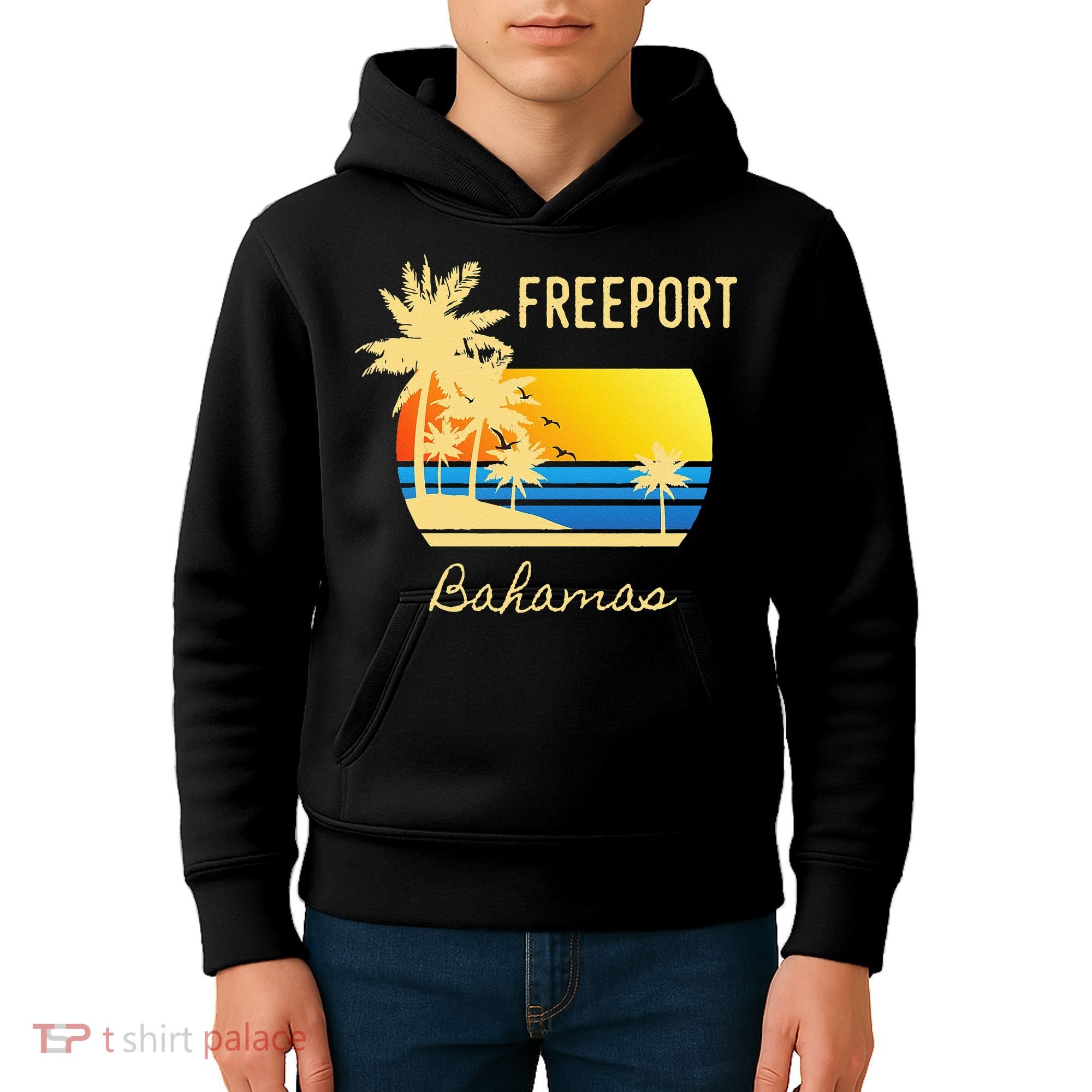 Freeport Bahamas Palm Tree Beach Retro Cool Sunset Surf Kids Hoodie