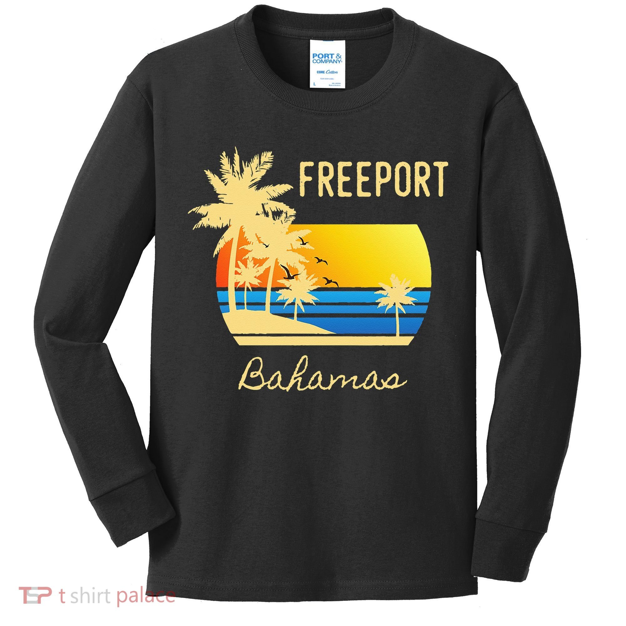 Freeport Bahamas Palm Tree Beach Retro Cool Sunset Surf Kids Long Sleeve Shirt