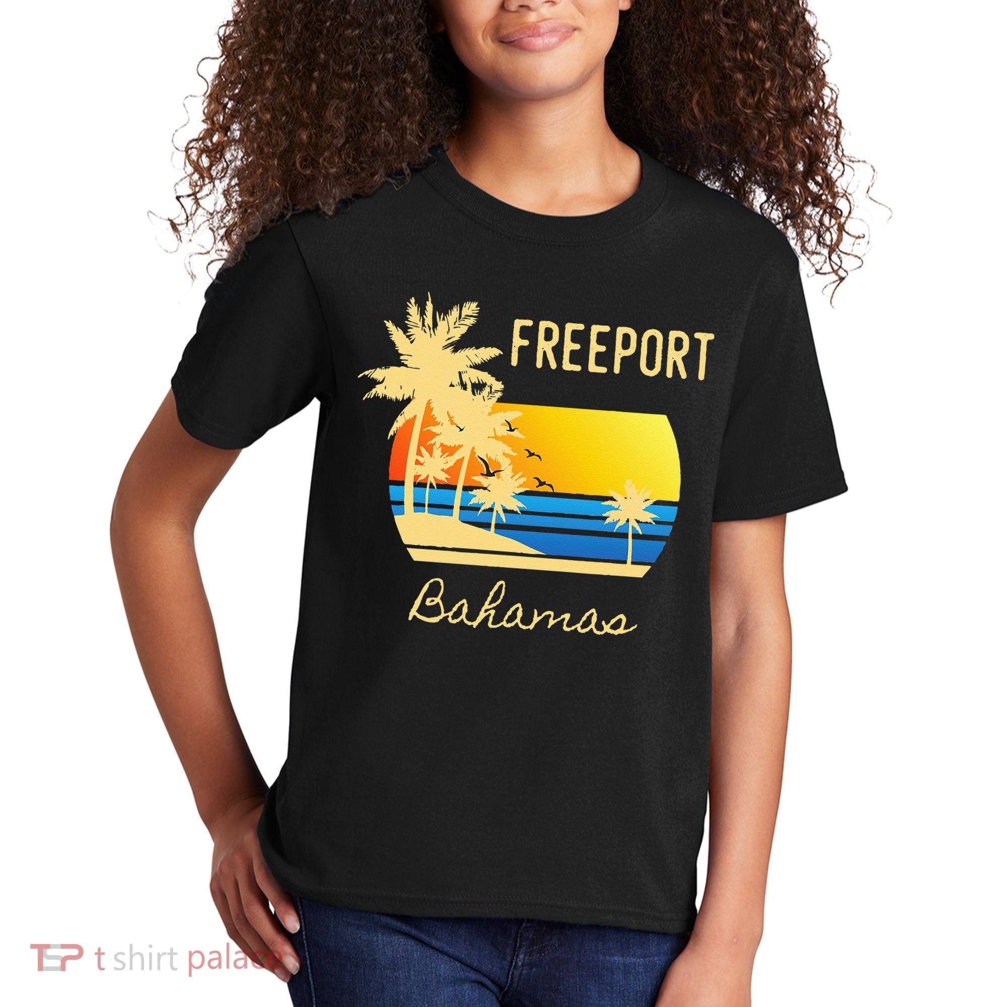 Freeport Bahamas Palm Tree Beach Retro Cool Sunset Surf Kids T-Shirt