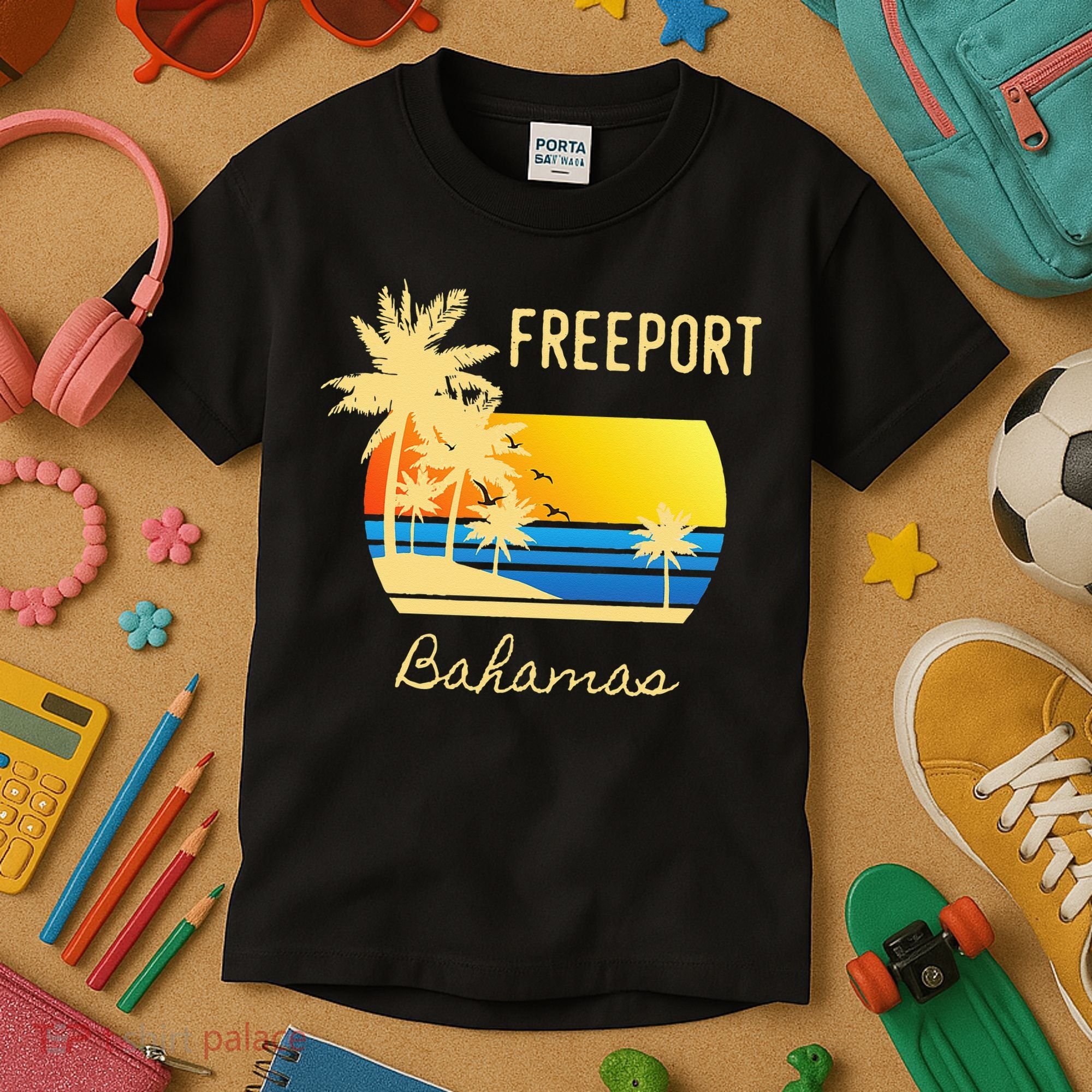 Freeport Bahamas Palm Tree Beach Retro Cool Sunset Surf Kids T-Shirt