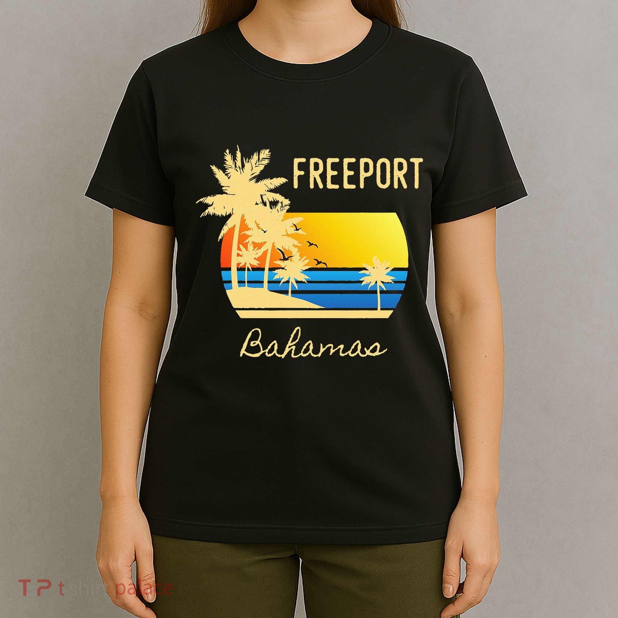 Freeport Bahamas Palm Tree Beach Retro Cool Sunset Surf T-Shirt