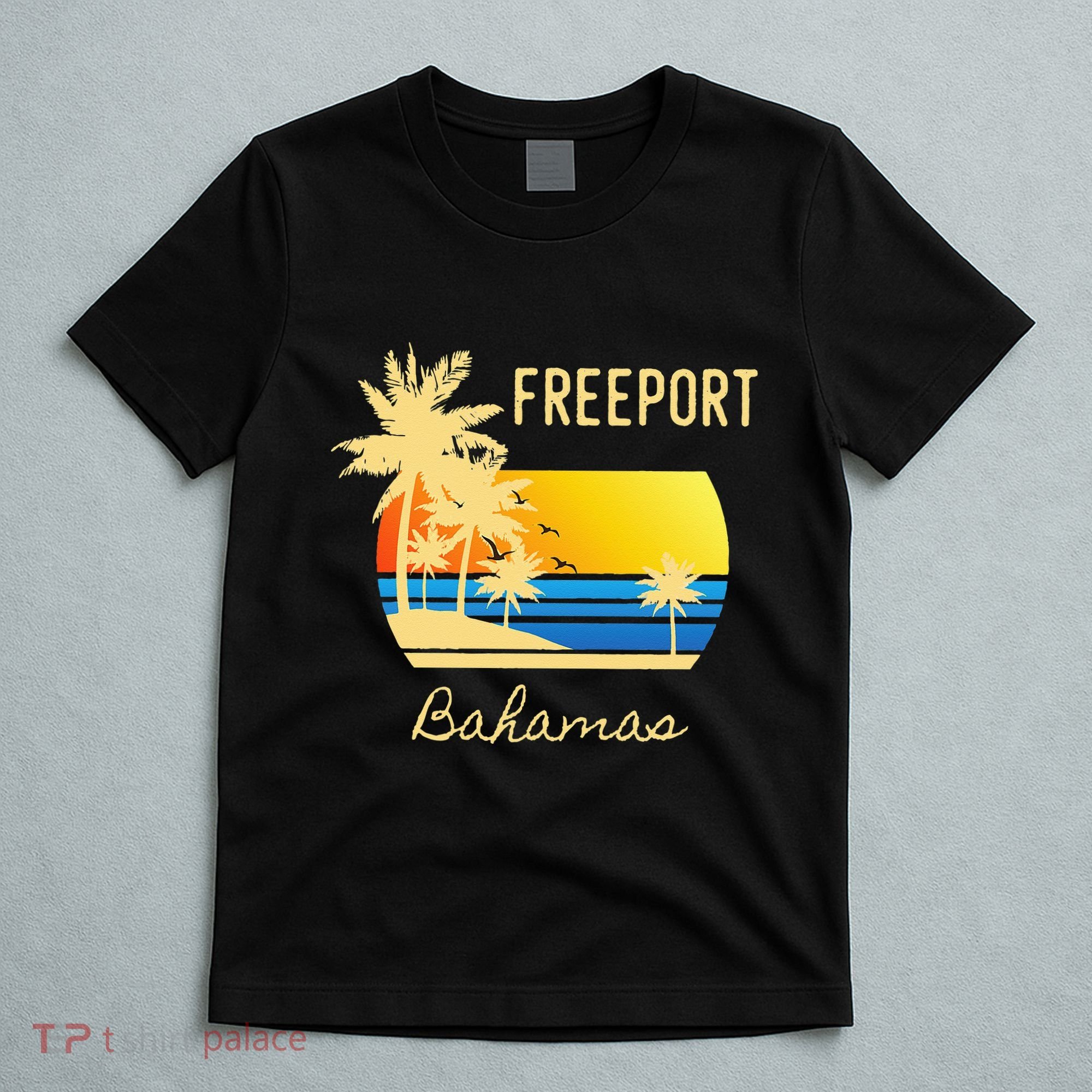 Freeport Bahamas Palm Tree Beach Retro Cool Sunset Surf T-Shirt