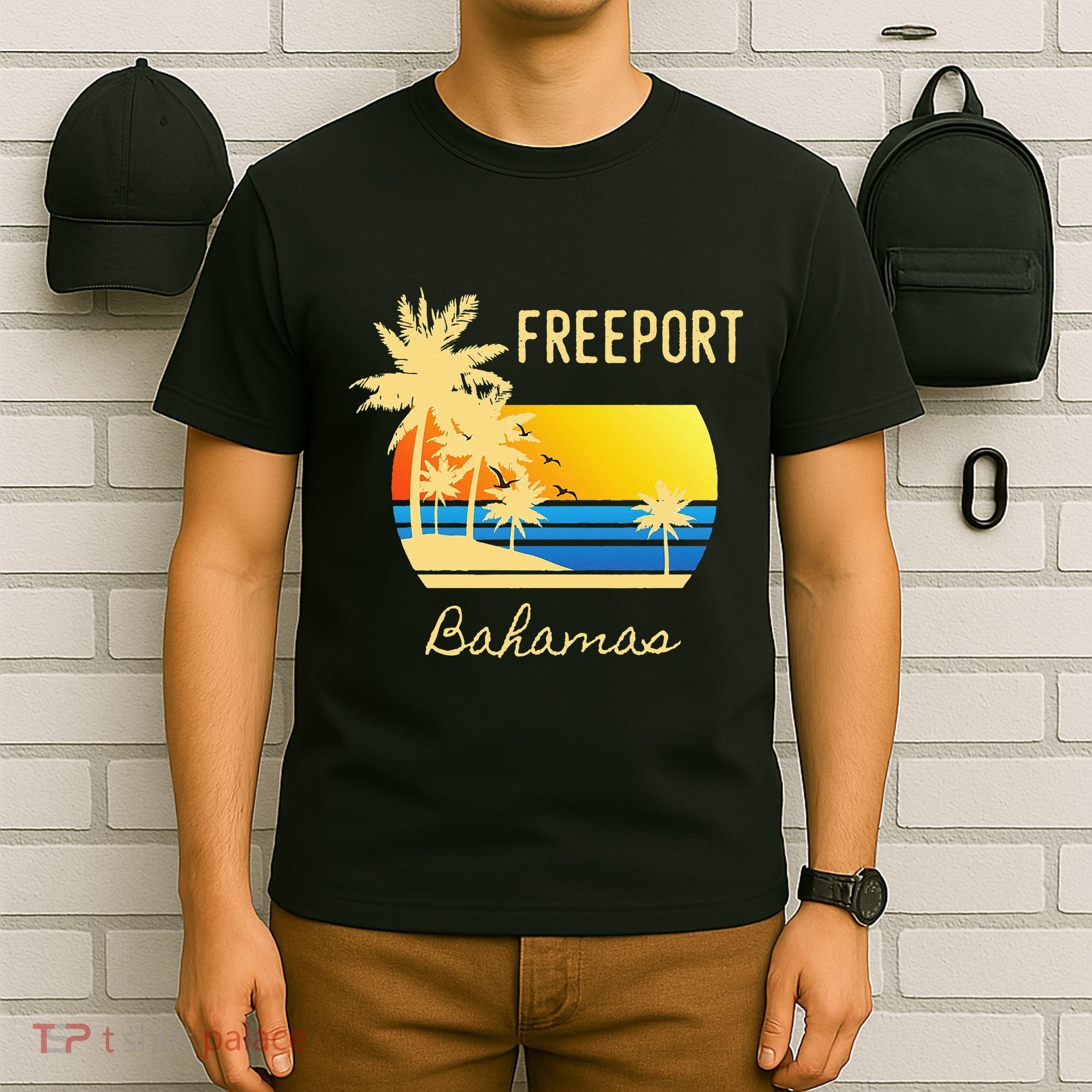 Freeport Bahamas Palm Tree Beach Retro Cool Sunset Surf T-Shirt