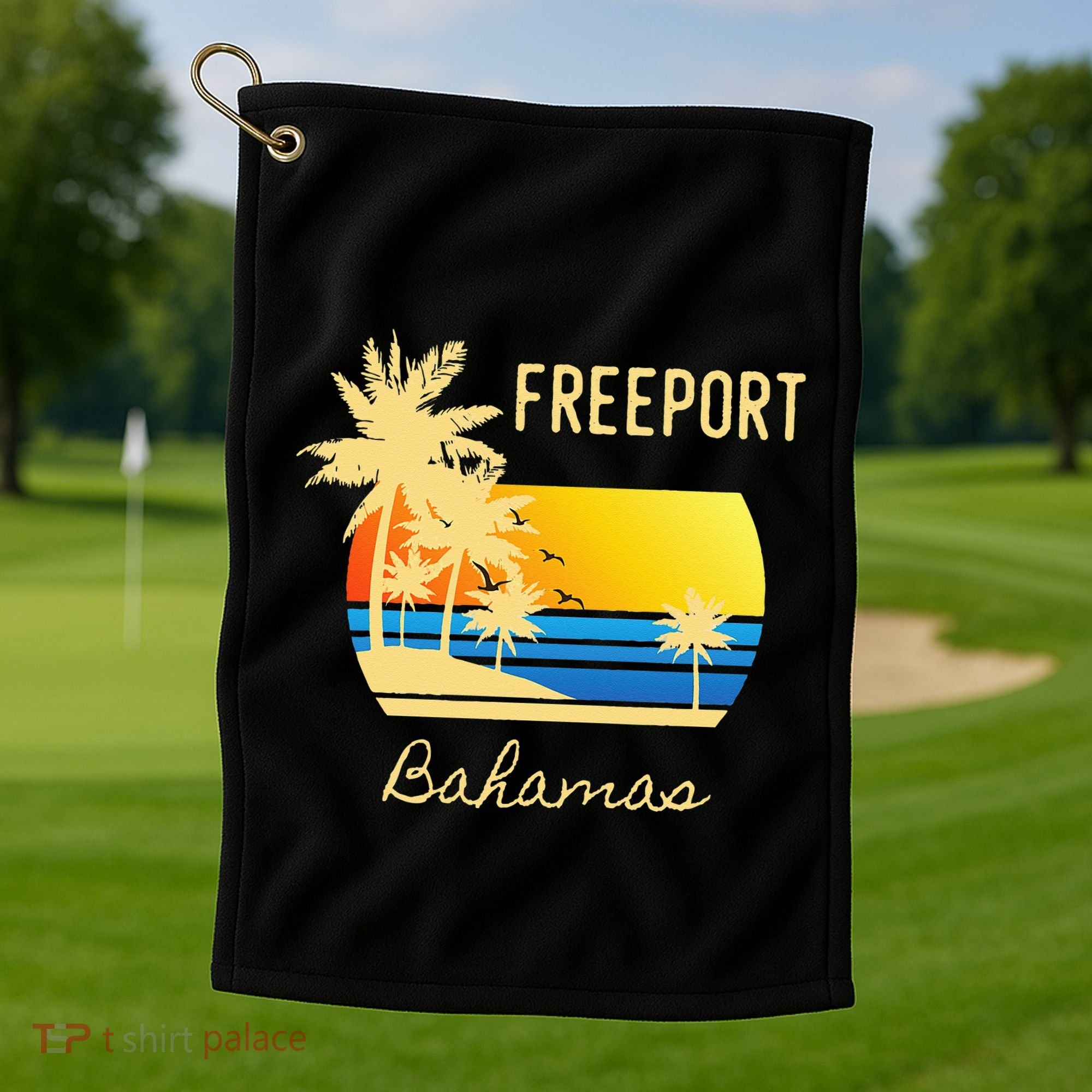 Freeport Bahamas Palm Tree Beach Retro Cool Sunset Surf Golf Towel