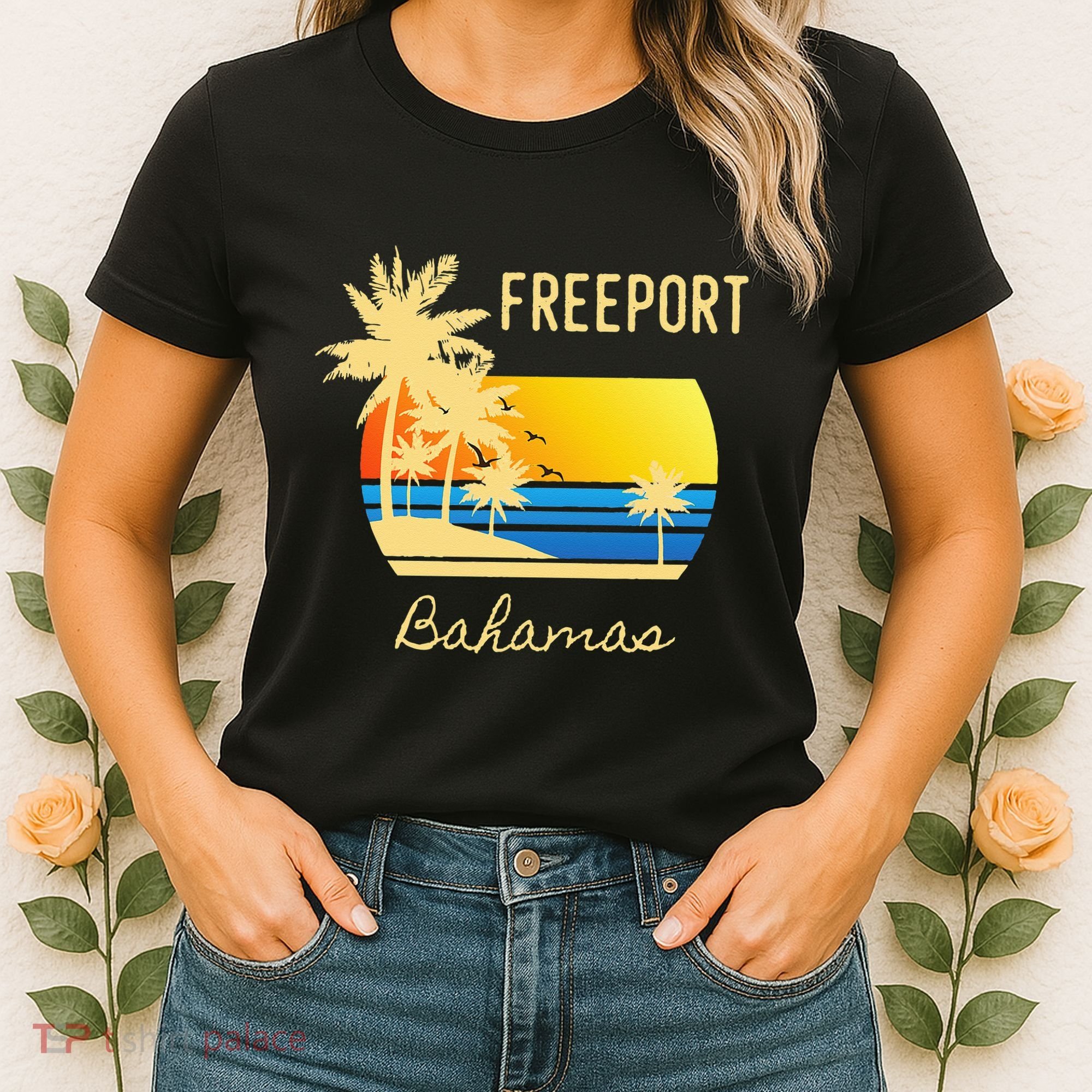 Freeport Bahamas Palm Tree Beach Retro Cool Sunset Surf Women's T-Shirt