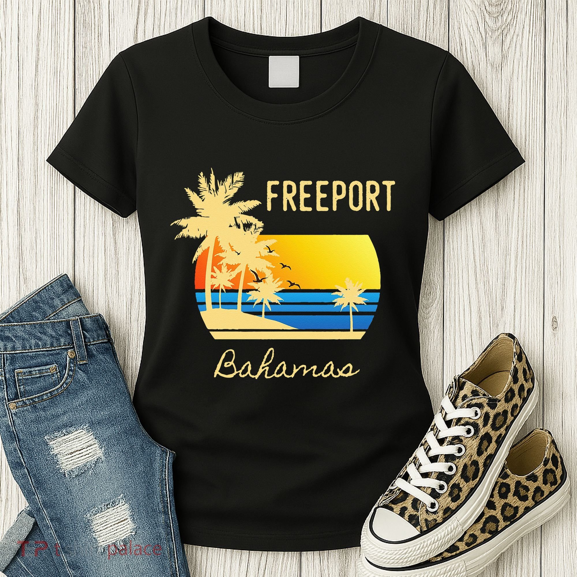 Freeport Bahamas Palm Tree Beach Retro Cool Sunset Surf Women's T-Shirt
