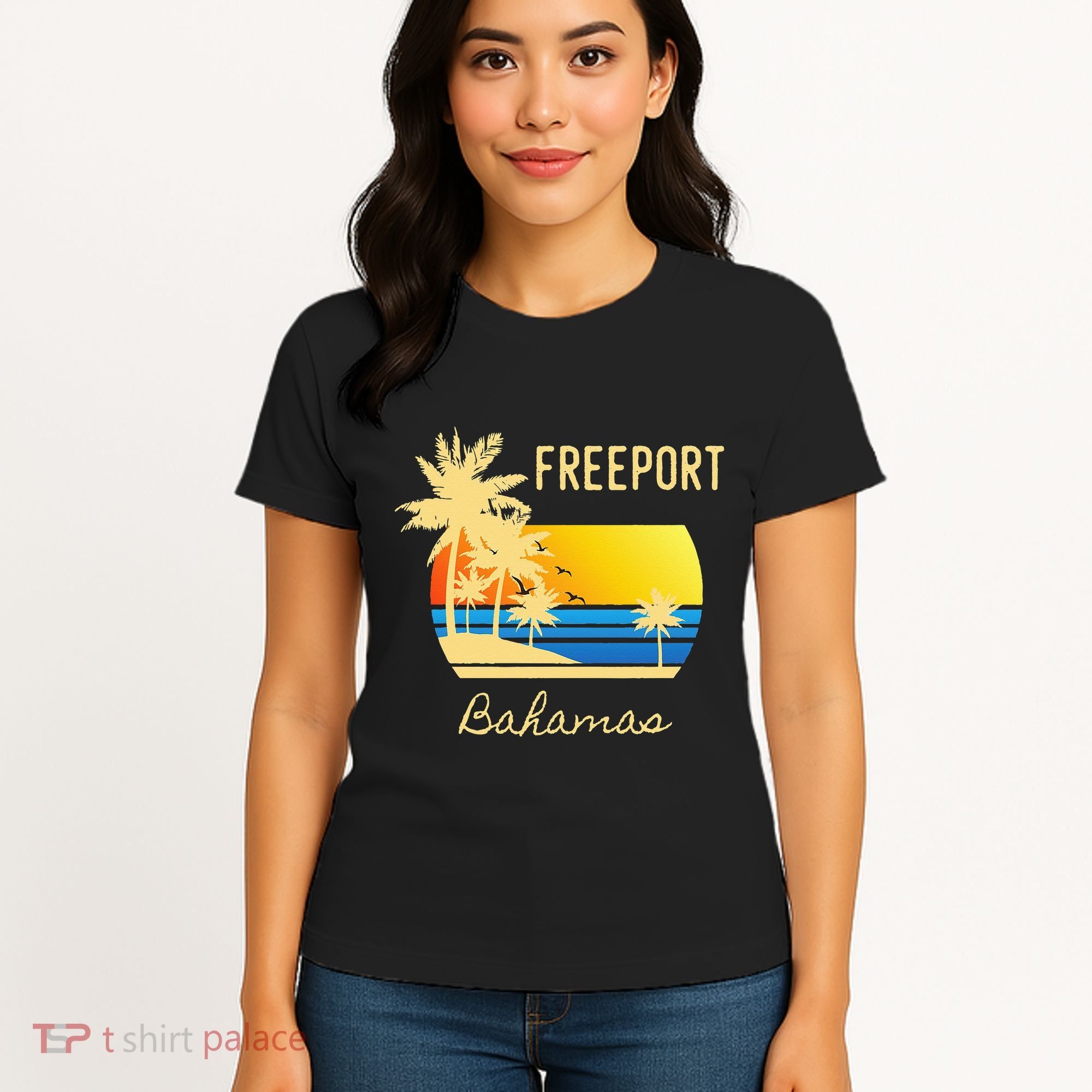 Freeport Bahamas Palm Tree Beach Retro Cool Sunset Surf Women's T-Shirt