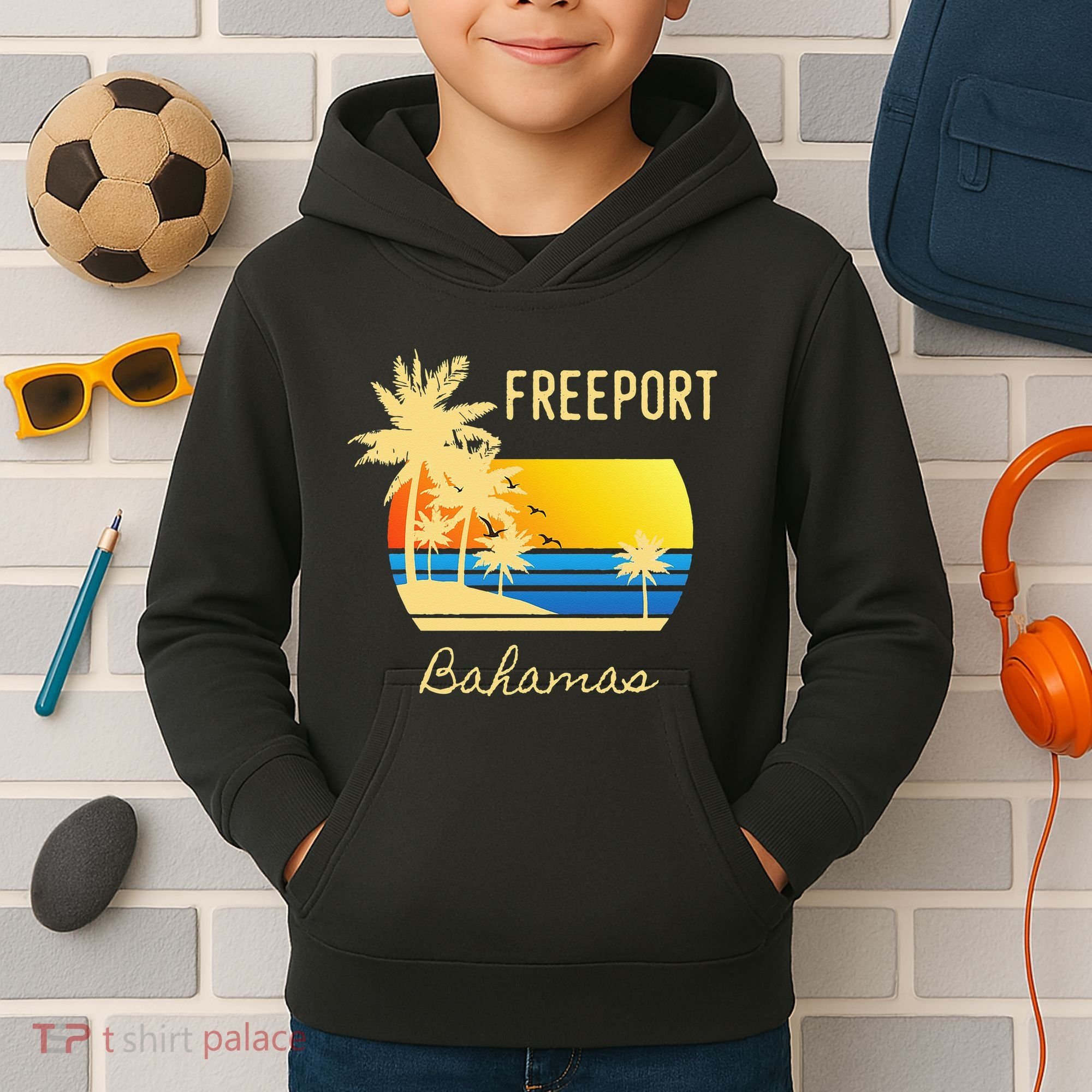 Freeport Bahamas Palm Tree Beach Retro Cool Sunset Surf Kids Hoodie