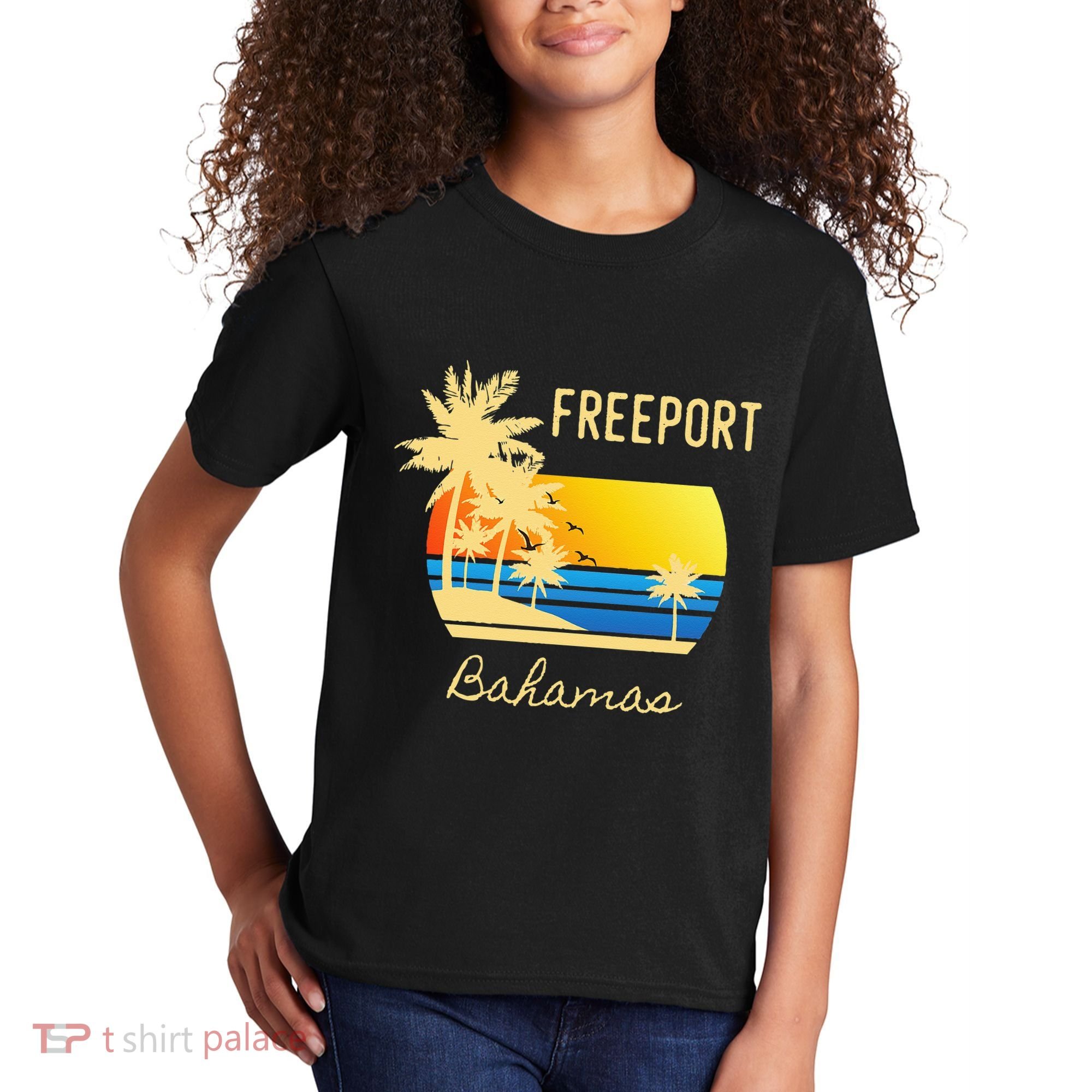 Freeport Bahamas Palm Tree Beach Retro Cool Sunset Surf Kids T-Shirt