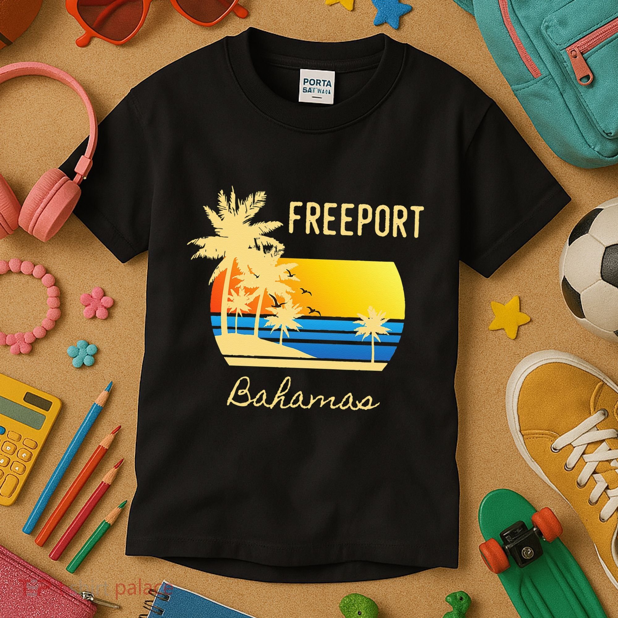 Freeport Bahamas Palm Tree Beach Retro Cool Sunset Surf Kids T-Shirt