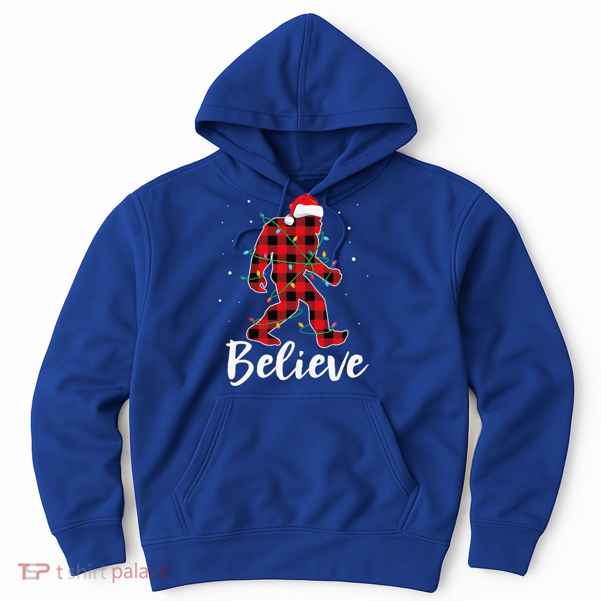 Funny Believe Plaid Bigfoot Christmas Light Sasquatch Santa Hoodie