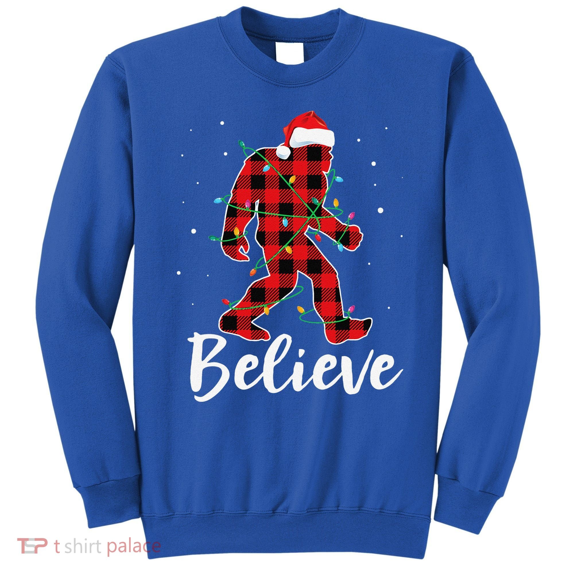 Funny Believe Plaid Bigfoot Christmas Light Sasquatch Santa Sweatshirt