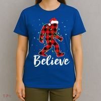 Funny Believe Plaid Bigfoot Christmas Light Sasquatch Santa T-Shirt thumb 4