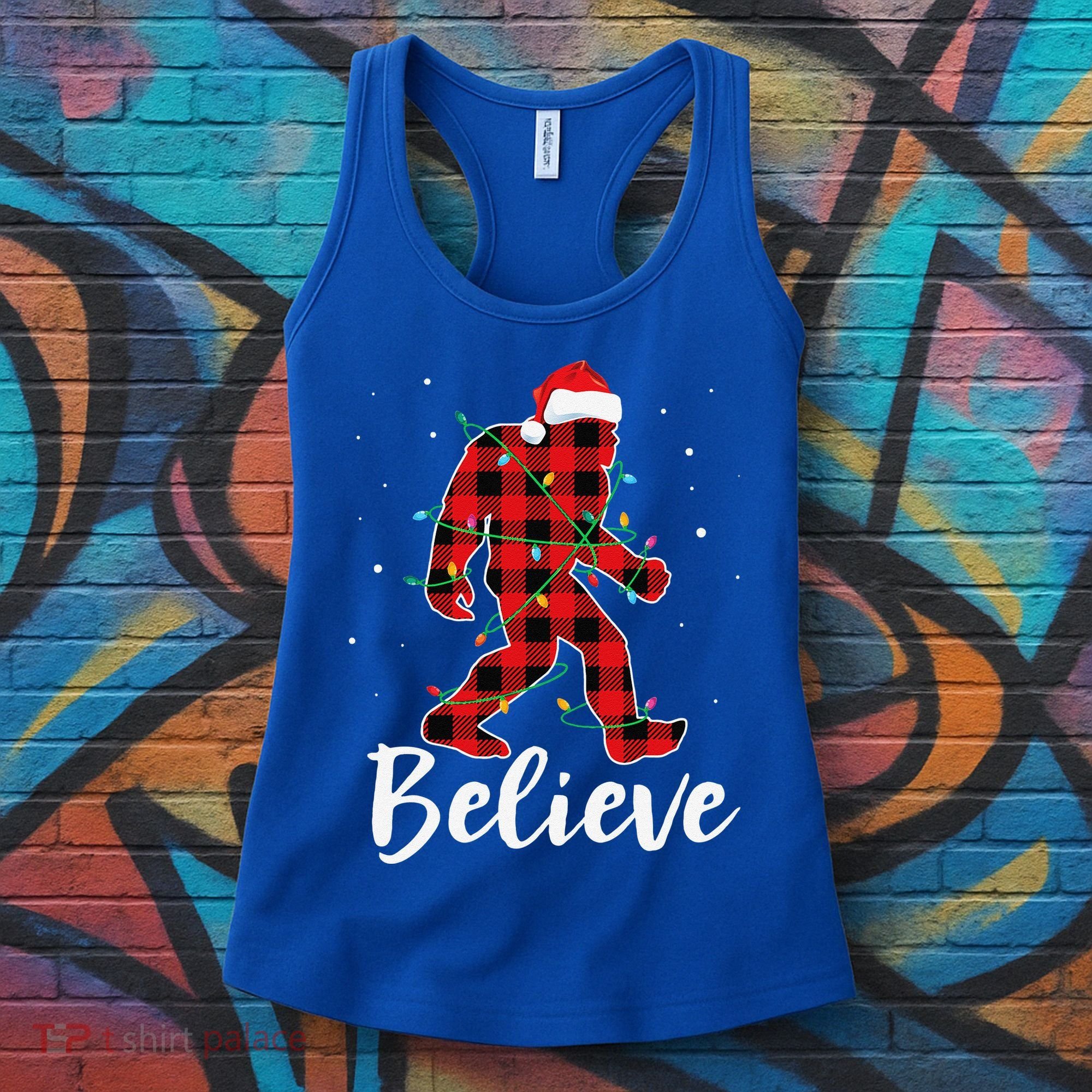 Funny Believe Plaid Bigfoot Christmas Light Sasquatch Santa Women's Tank Top
