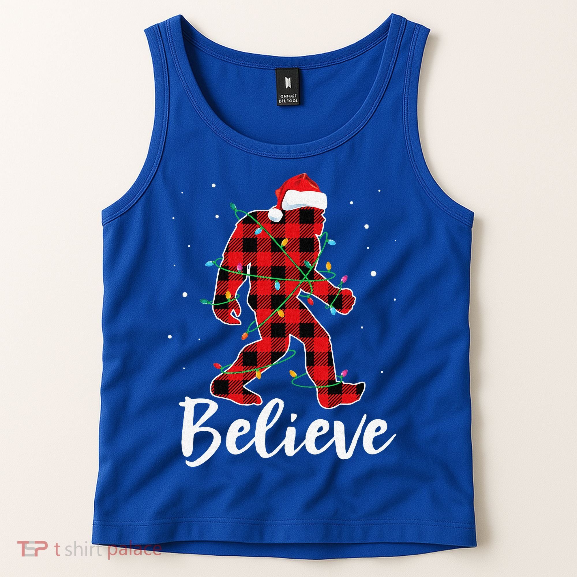 Funny Believe Plaid Bigfoot Christmas Light Sasquatch Santa Tank Top