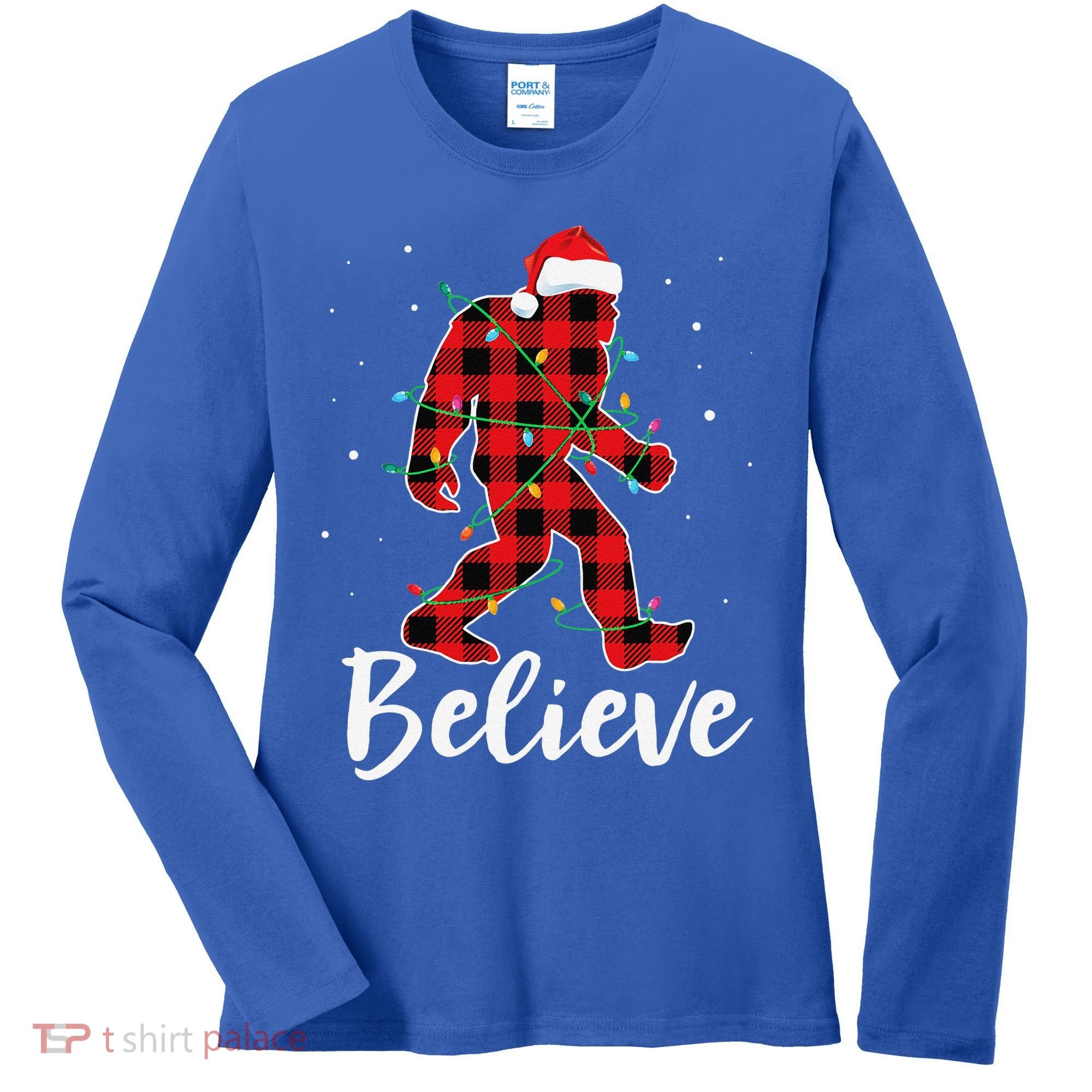 Funny Believe Plaid Bigfoot Christmas Light Sasquatch Santa Women's Long Sleeve Shirt