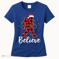 Funny Believe Plaid Bigfoot Christmas Light Sasquatch Santa Women's T-Shirt thumb 0