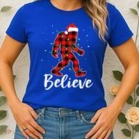 Funny Believe Plaid Bigfoot Christmas Light Sasquatch Santa Women's T-Shirt thumb 2