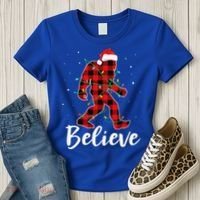 Funny Believe Plaid Bigfoot Christmas Light Sasquatch Santa Women's T-Shirt thumb 3