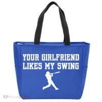 Funny Baseball Quote Your Girlfriend Likes My Swing Yo.Uth Tote Bag thumb 0