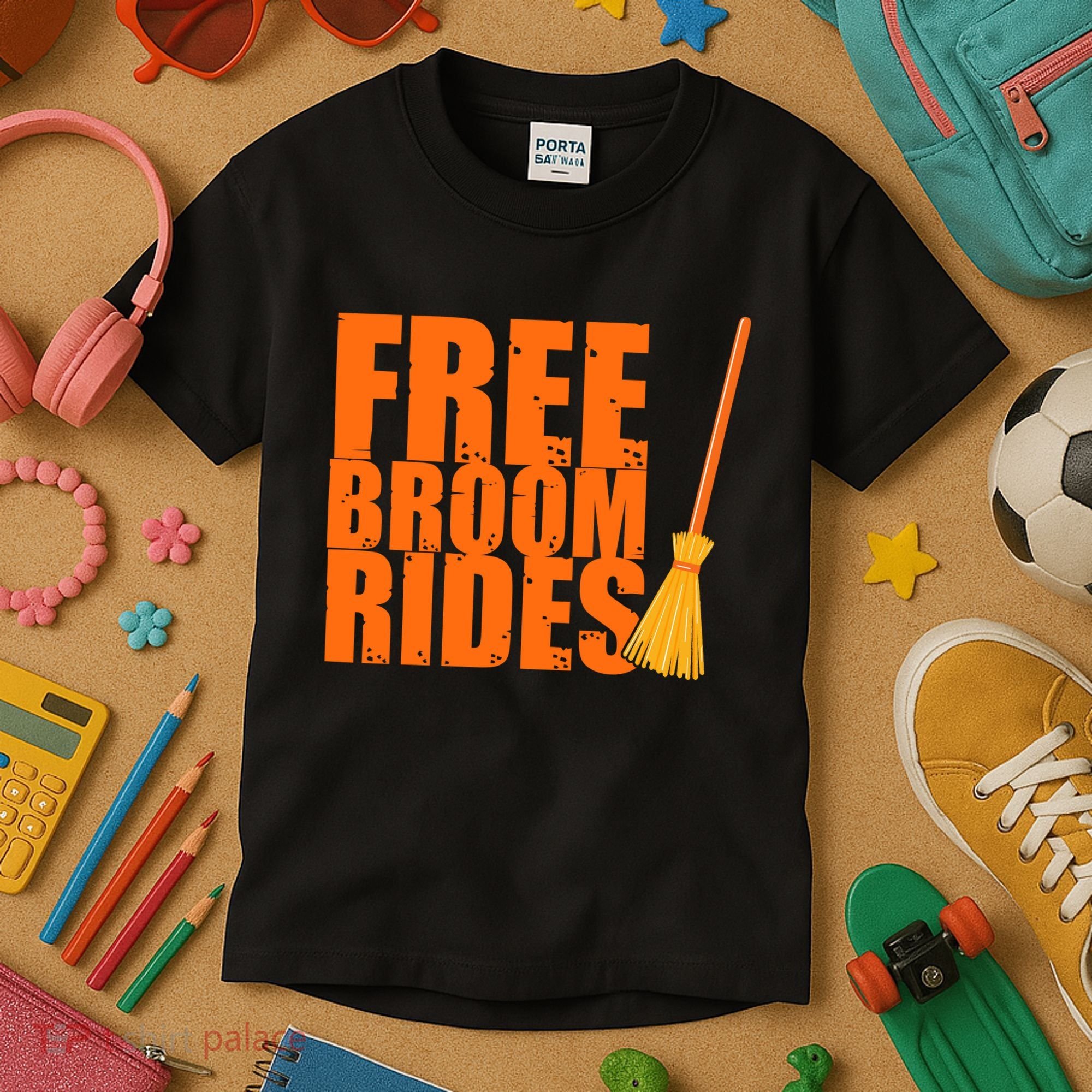 Free Broom Rides Funny Halloween Kids T-Shirt