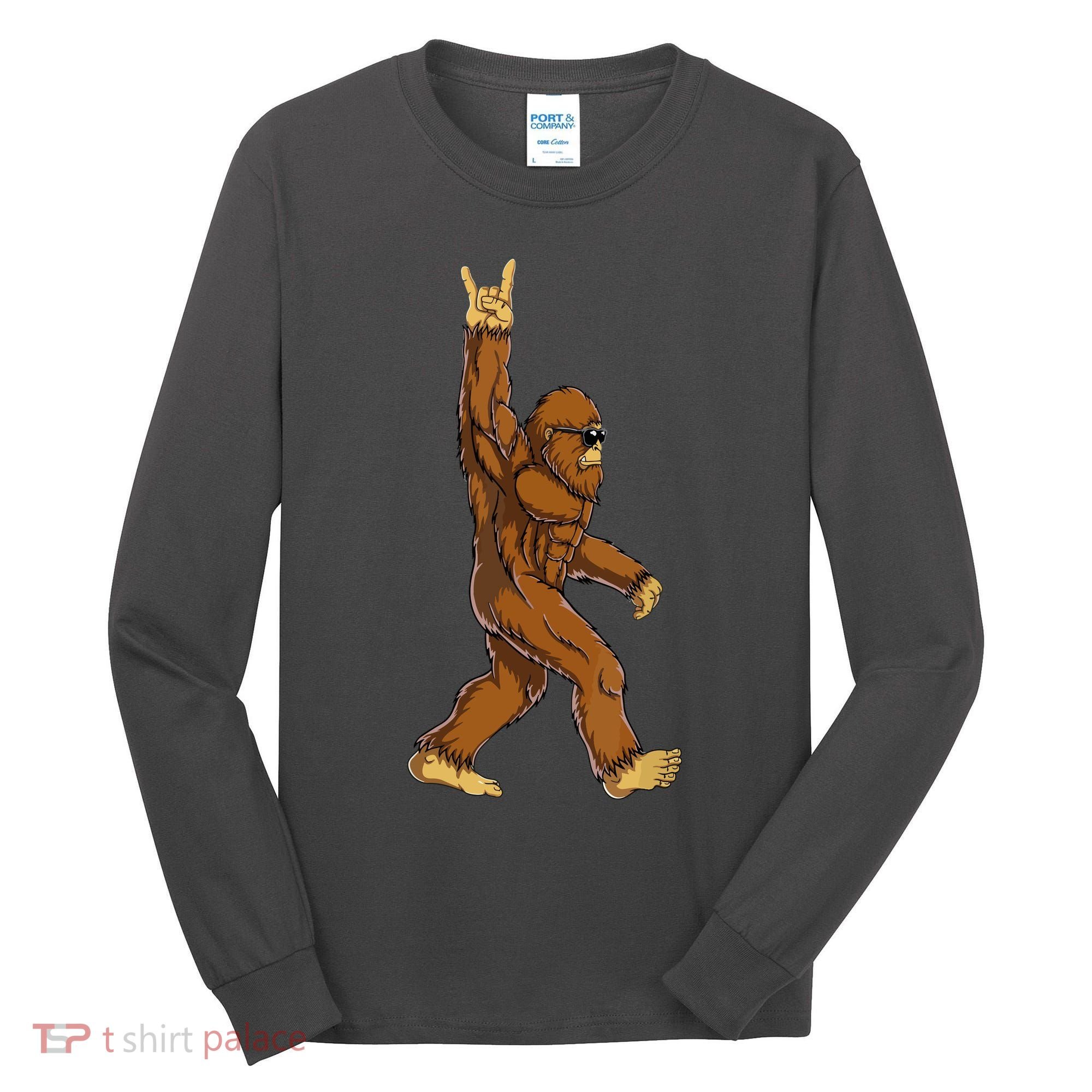 Funny Bigfoot Rock On Sasquatch Rock And Roll Gift Tall Long Sleeve Shirt