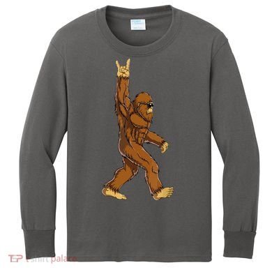 Funny Bigfoot Rock On Sasquatch Rock And Roll Gift Kids Long Sleeve Shirt