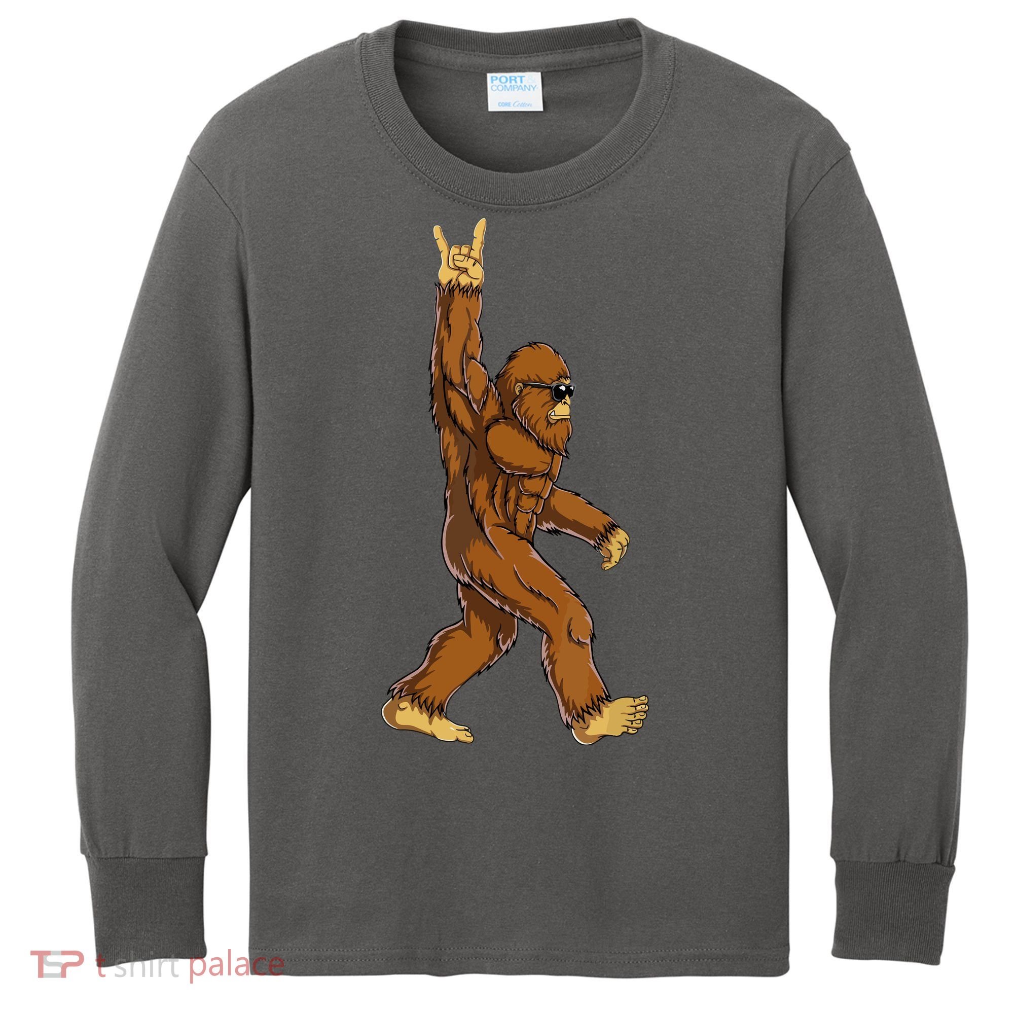Funny Bigfoot Rock On Sasquatch Rock And Roll Gift Kids Long Sleeve Shirt